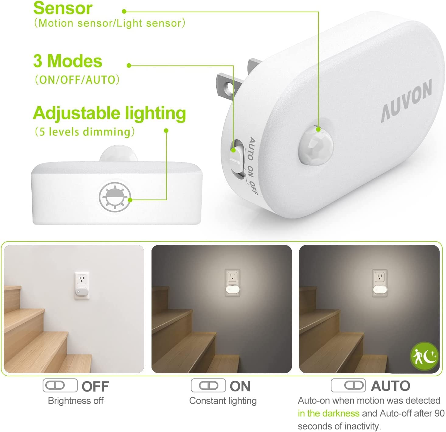 Auvon Night Light Plug In, Bright Motion Sensor Night Light (120 Lumens), Dimmable Cool Led Night Lights Plug Into Wall, 1-120Lm