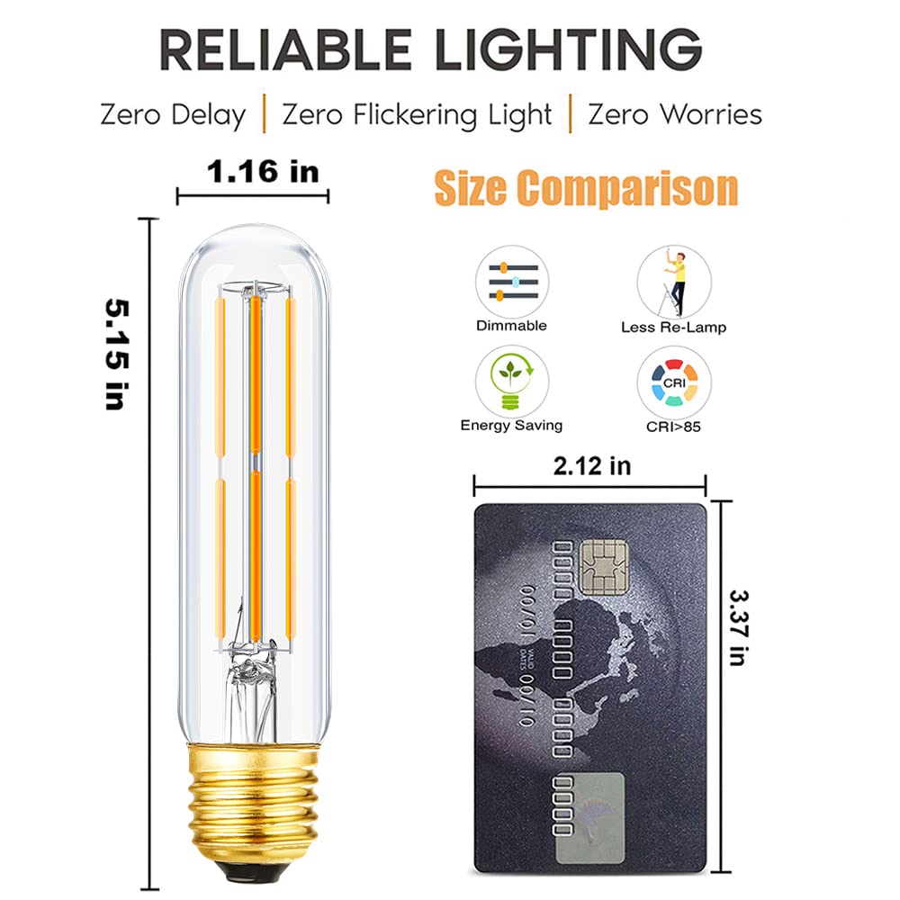 Leools T10 Dimmable Vintage LED Bulb 6W, 60W Equivalent, Warm White 2700K, E26 Base, 3 Pack