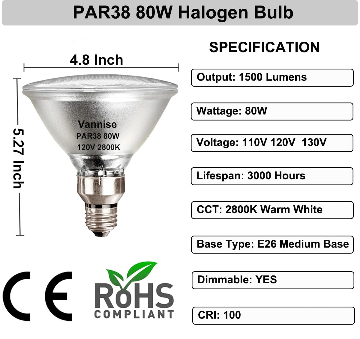 Vannise Par38 Halogen Flood Light - 80W 120V, 1500Lm, Warm White 2800K, Dimmable With E26 Base, Long Lasting Outdoor Flood Light