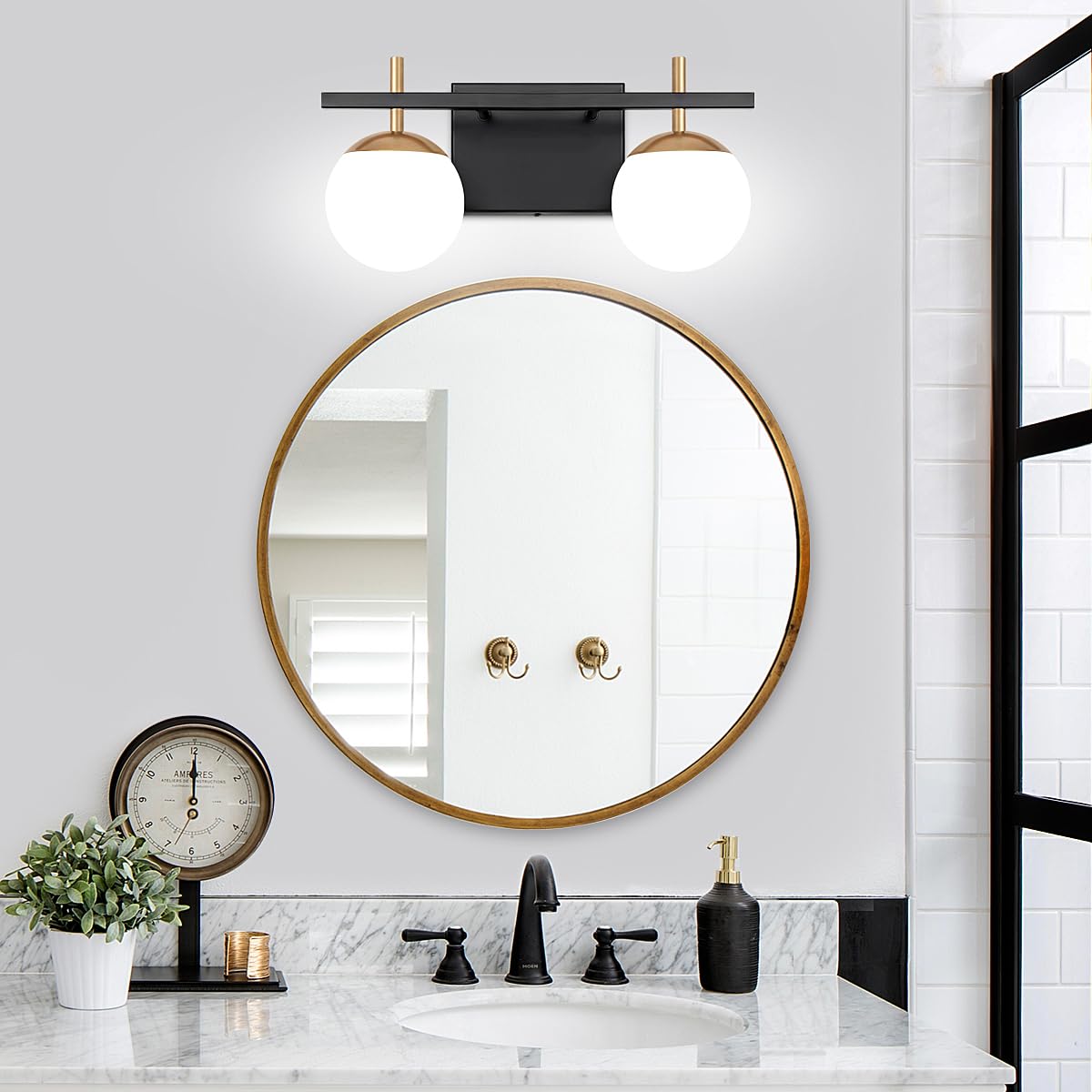 ZSMIHDOH 2-Light Bathroom Vanity Light Fixtures, Black & Gold Metal Over Mirror Lighting, GVL0123, Milky Glass Globe Design