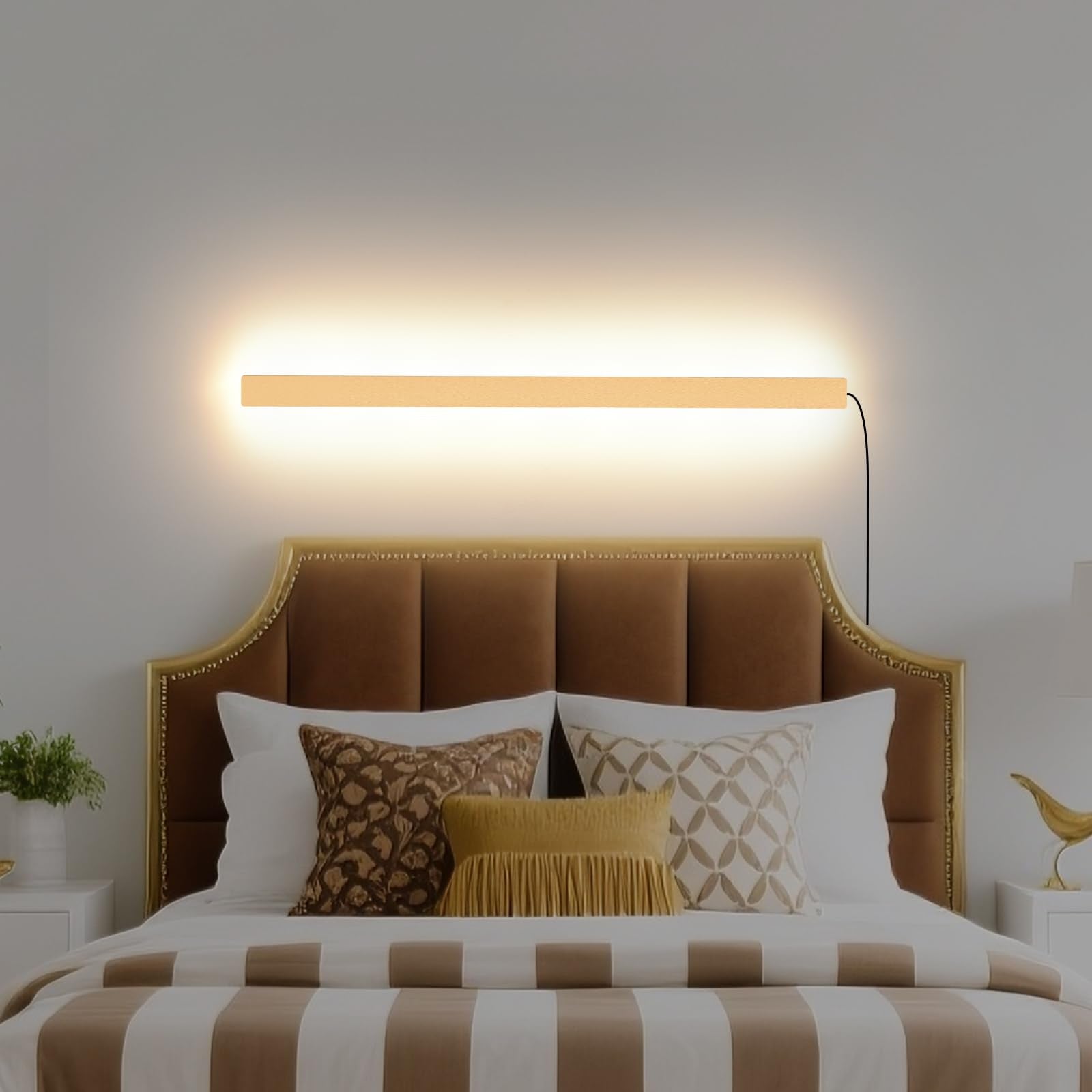 KELUOLY Modern Plug in Wall Lights  31.4 inch Frosted Gold LED Long Wall Sconce  16W Warm White 3000K Acrylic Indoor Wall lamp with 59 Plug Cable for Bedroom  Living Room  Hallway