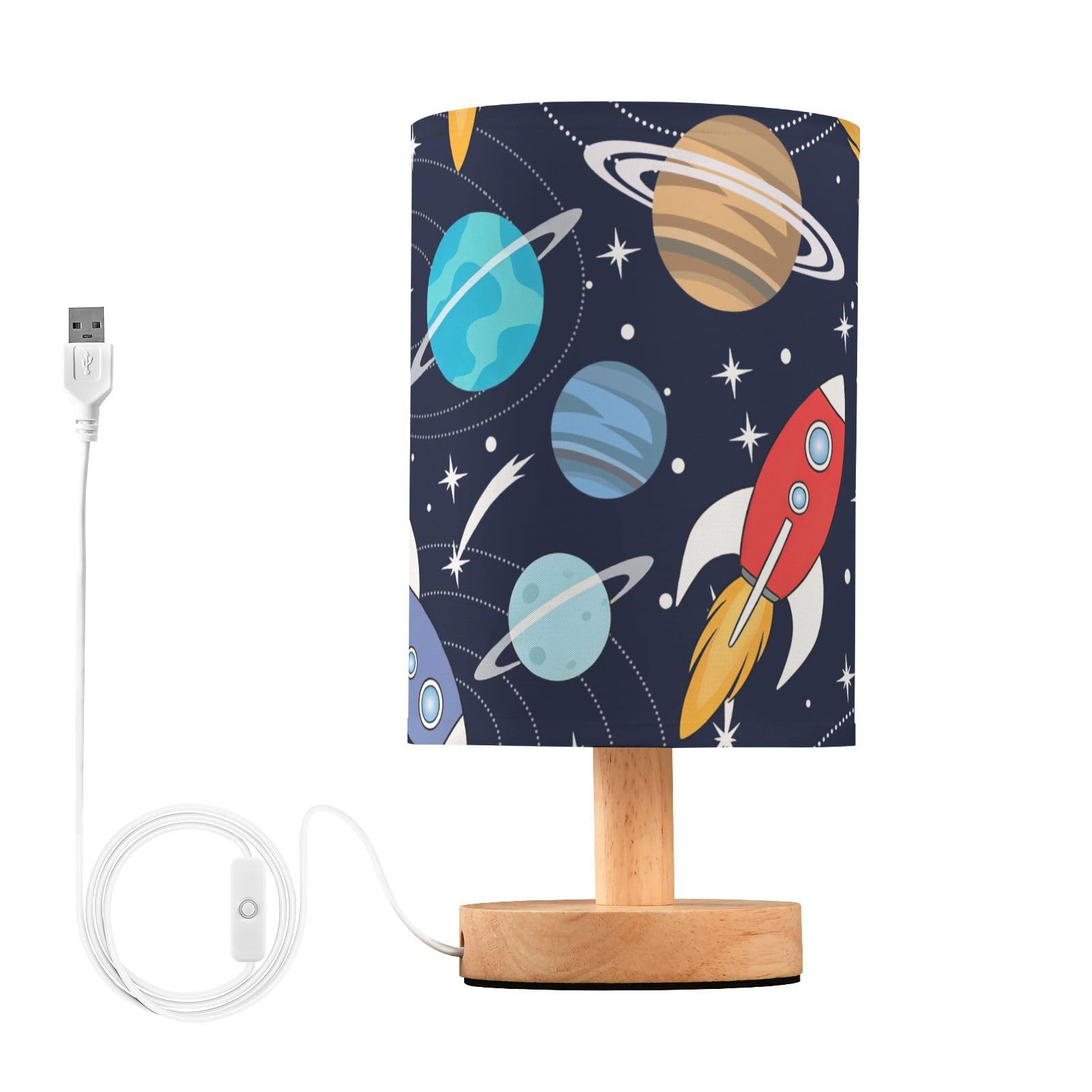 BOENLE Bedside Lamp Space Cute Rockets Planets Table Lamp for Bedroom LED Nightstand Lamp Shade USB Ports Wood Base for Living R