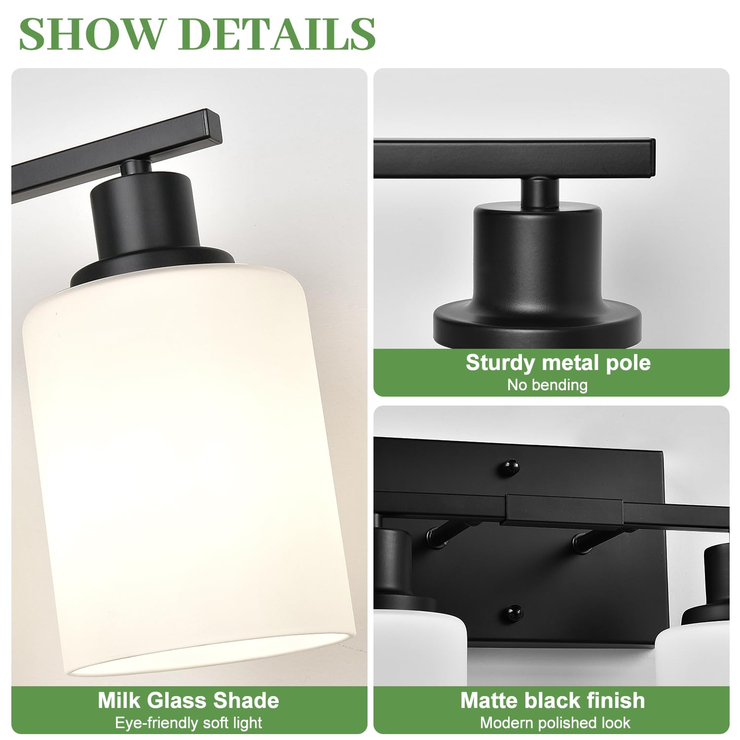 MOKATNG 4-Light Vanity Light Fixture, Matte Black with Milky White Shades, Modern Bathroom Wall Lamp, Model YX-053