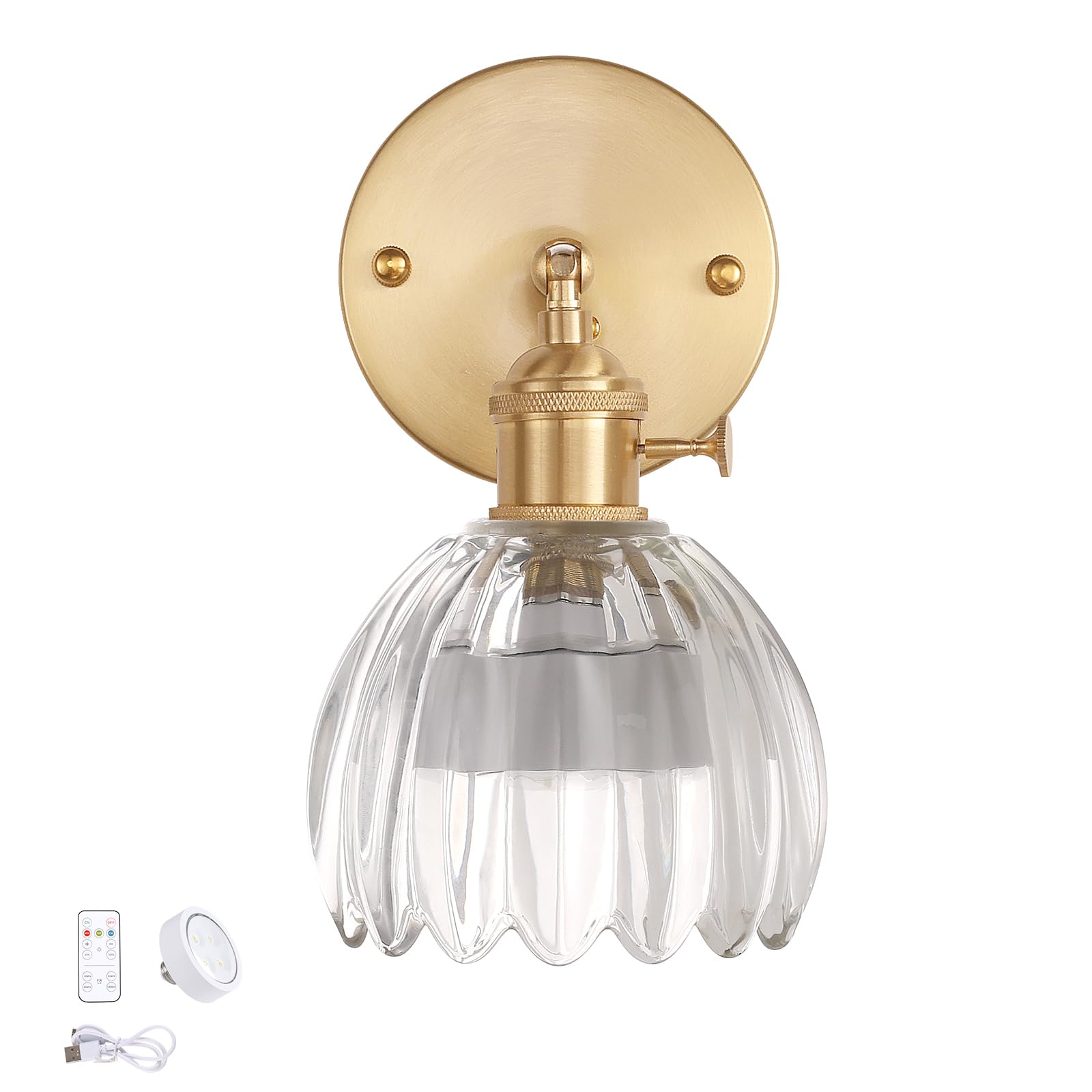 Shenmoyl Vintage Wall Sconce - Battery Operated, Glass, Tulip Clear, Model 1-9330, Wireless Rechargeable with Remote Control