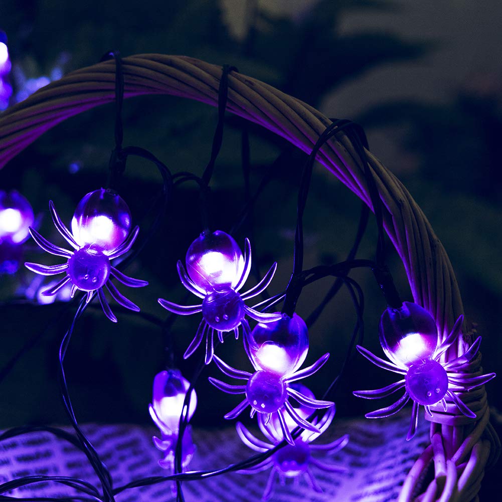 Qunlight Halloween Solar String Lights, 30 LED 20ft Purple Spider Lights, 8 Modes, Waterproof Fairy Lights for Party Decor