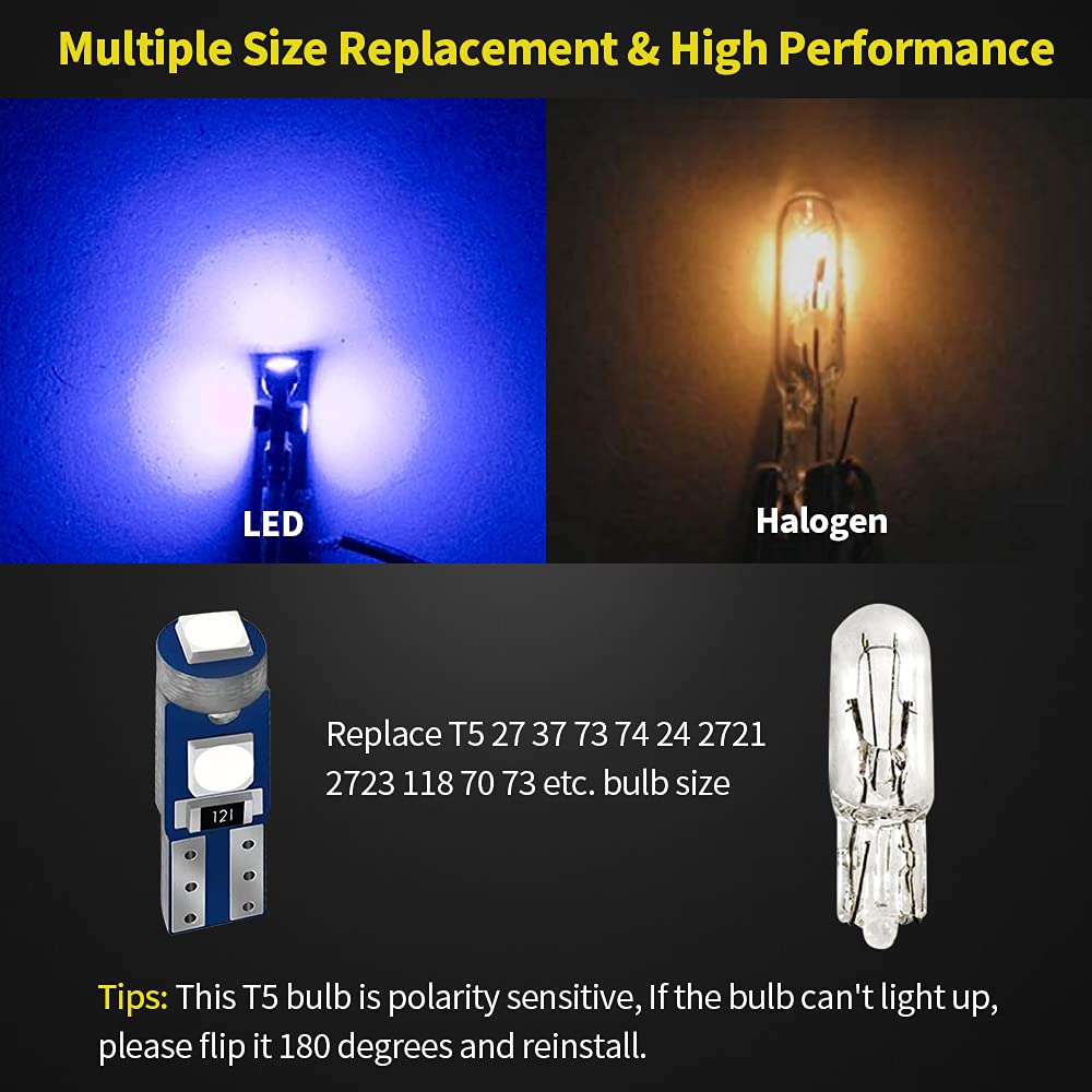 Auxlight 20 Piece T5 Led Bulbs Dashboard Lights 3030 Chipsets 74 37 27 17 2721 Replacements For Interior Dome Door Instrument Panel Cluster Light, Ultra Blue