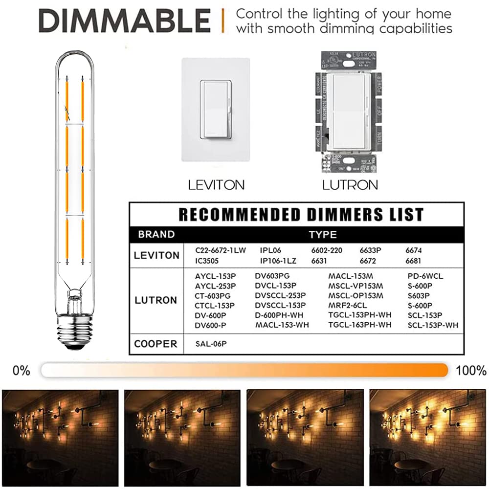 LVYE Dimmable 8W T10 LED Bulbs, Warm White 2700K, 8.9in Tubular Light, E26 Base, Pack of 4