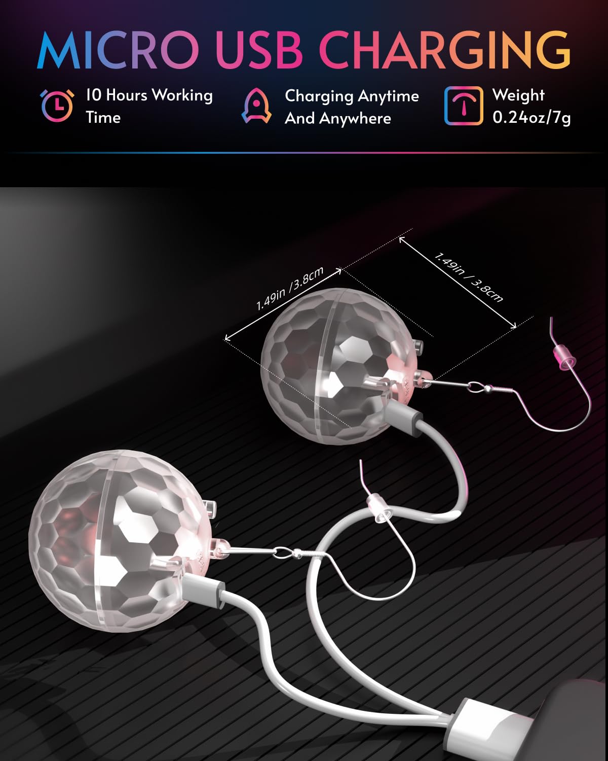 PUFIER Light Up Earrings Rhombic Disco Ball Rechargeable 60s 70s 80s Multi-colored Small Model DEB-L