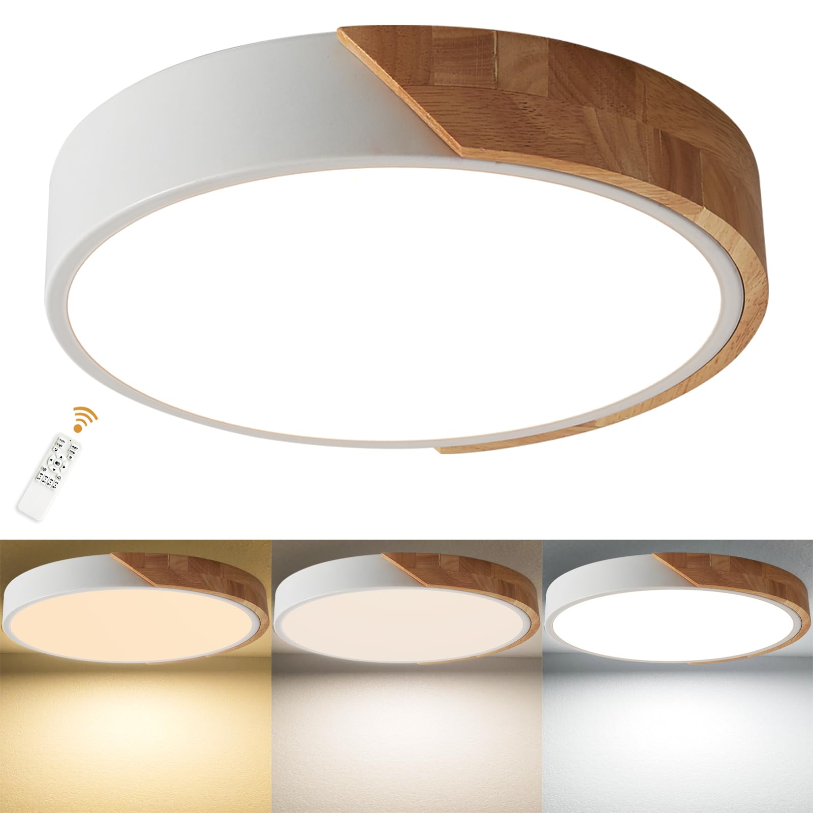 LuFun Flush Mount Ceiling Light, Ceiling Light Fixture Minimalist Wood 30W, Dimmable 3000K/4000K/6500K with Remote, 15.7 inch Mo
