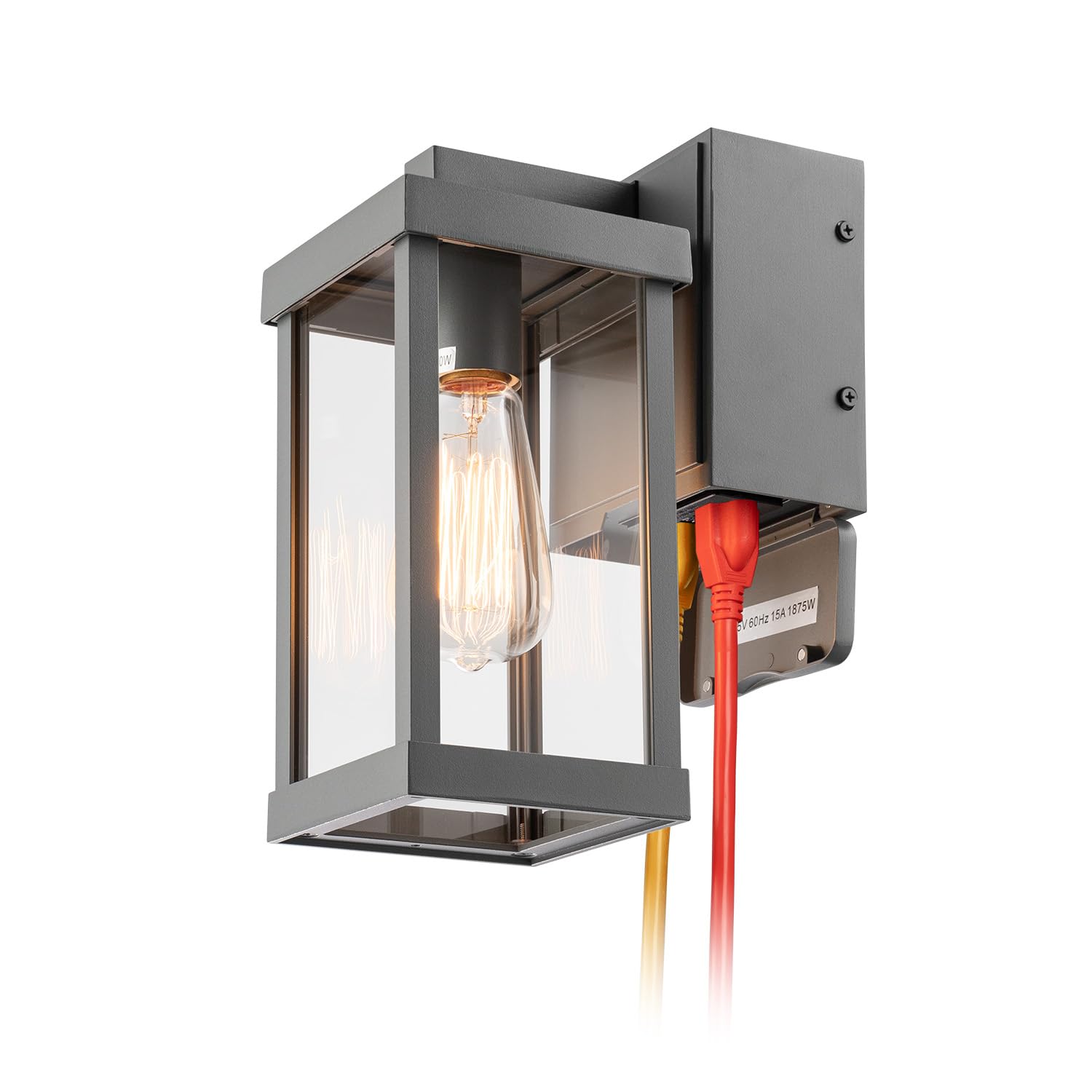 mirrea 11in Outdoor Wall Sconce, Matte Gray, Aluminum Frame, GFCI Outlet, Clear Glass Shade, Model BH012