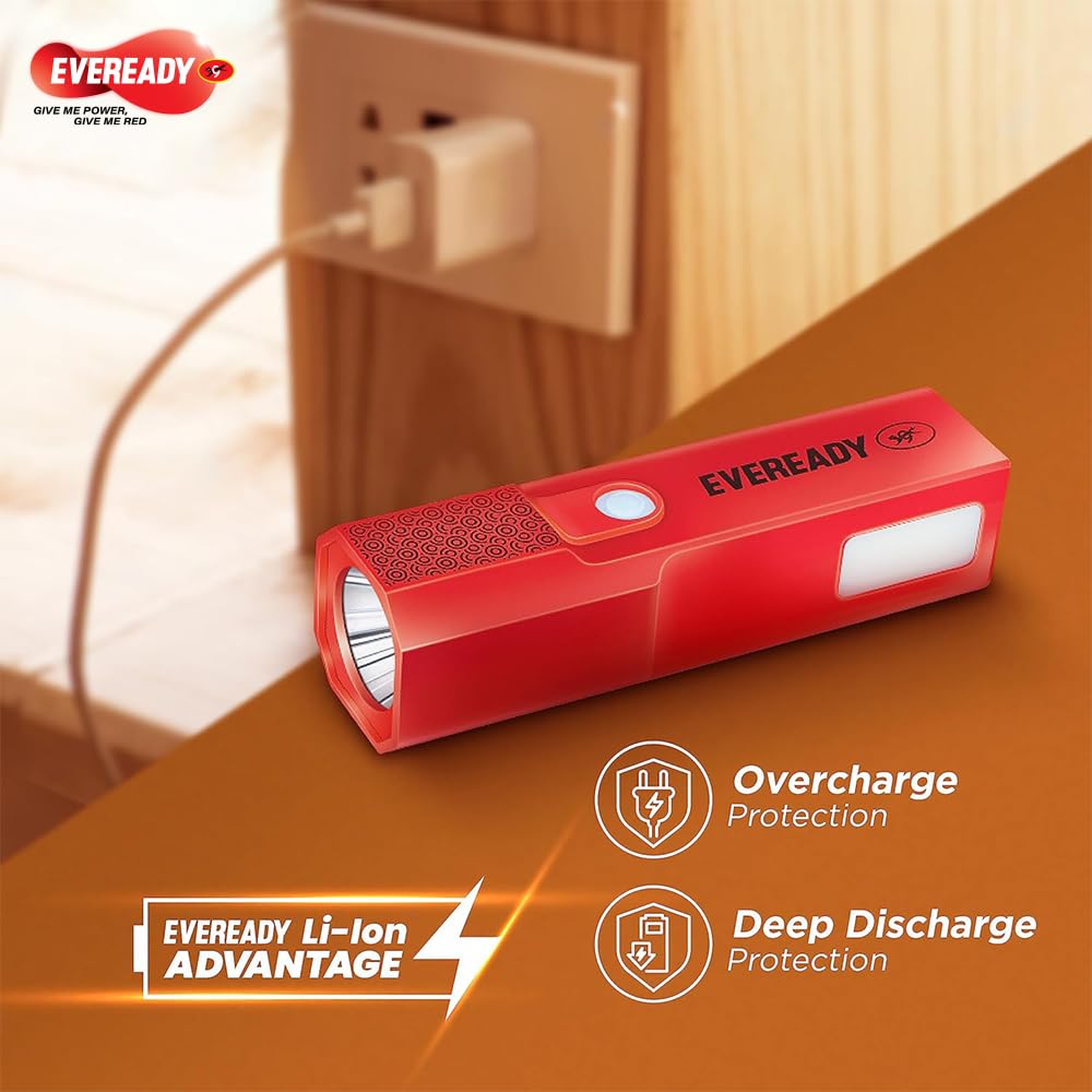 Eveready Boomlite Rechargeable Torch | DL85 | 4 Lighting Modes | 1W Torch & 2W Emergency Side Light | ECT Technology with Micro