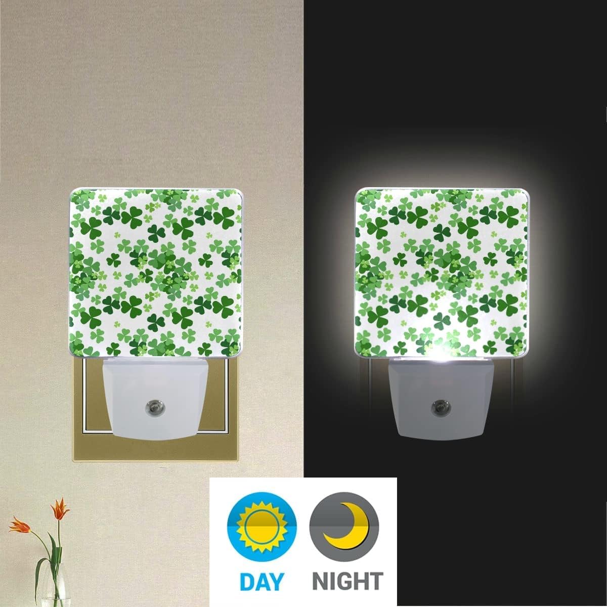 Green Lucky Clover Plug-In Night Light,St Patrick'S Day Shamrocks Lamp Auto Dusk To Dawn Sensor Nightlights Plug Into Wall,Energ