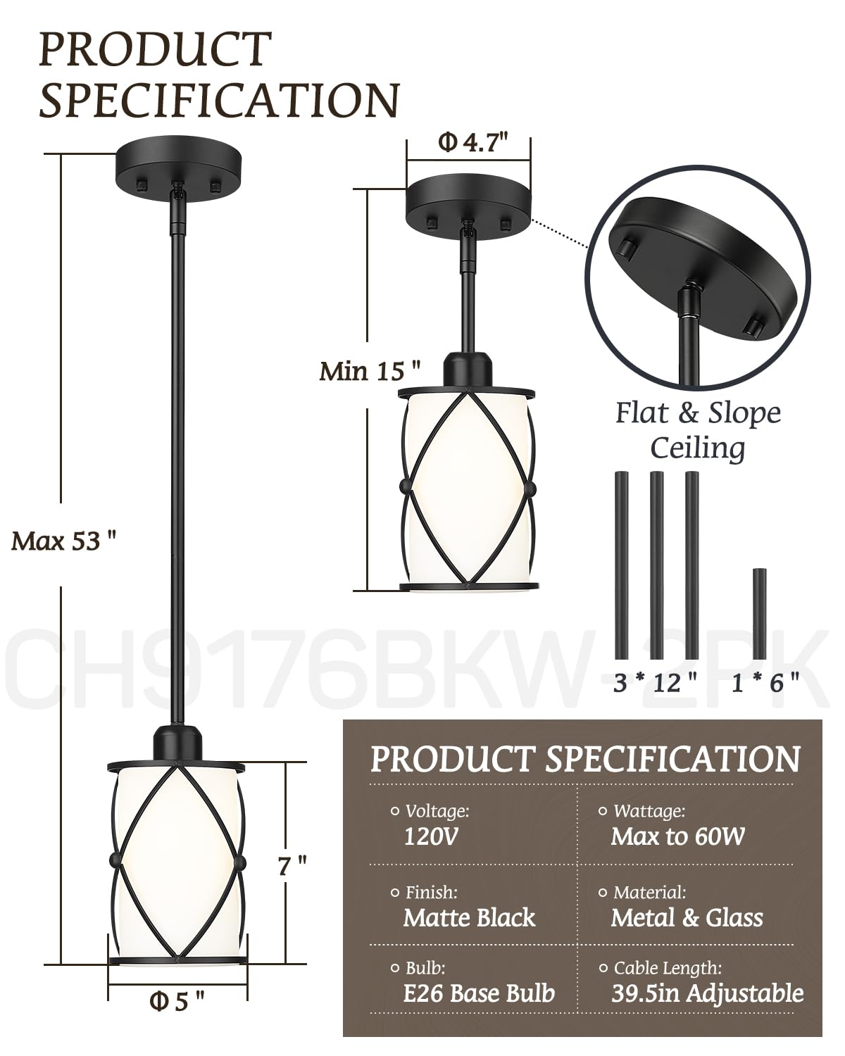 Osimir 2 Pack Black Glass Pendant Lights, Modern Frosted Glass Fixtures For Kitchen & Dining Room