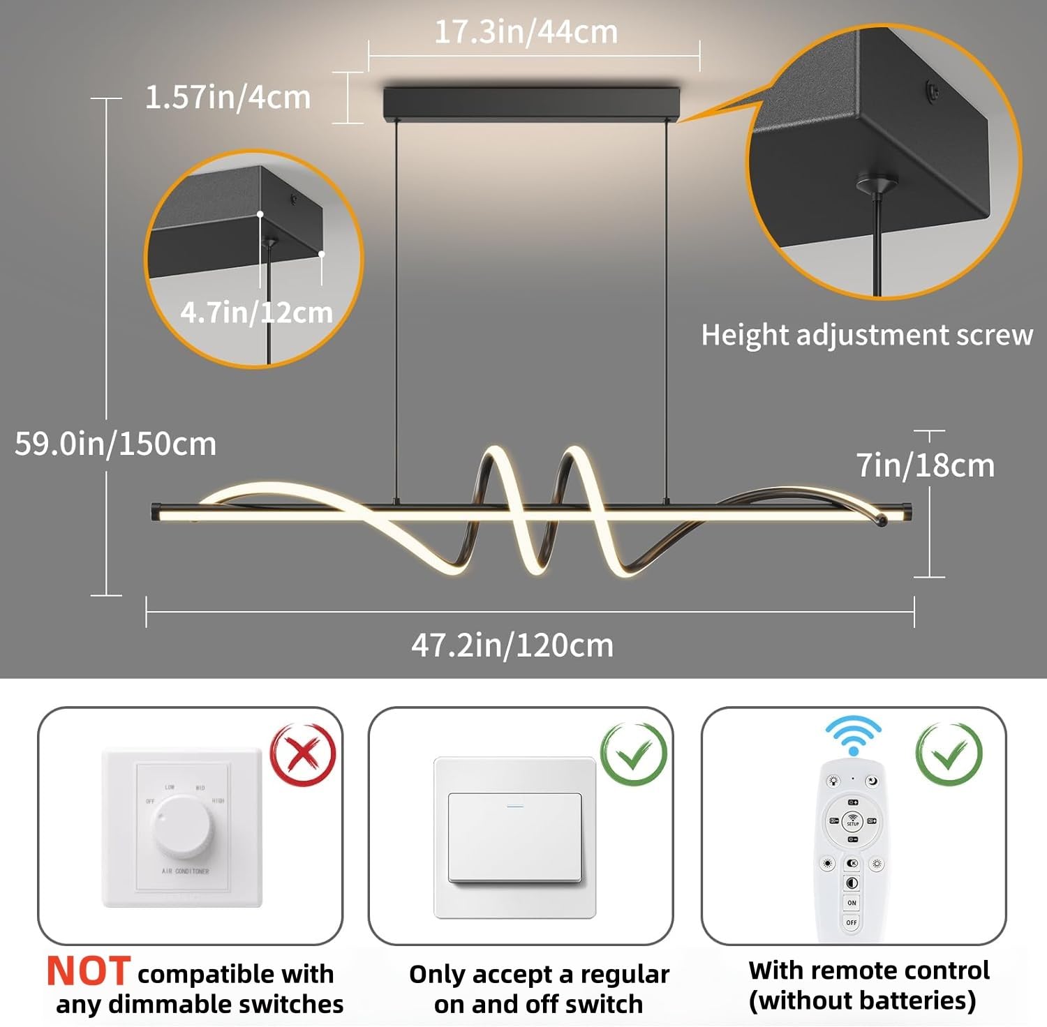 Zihoi LED Pendant Light, Dimmable with Remote Control, 3000K-6000K, 47in, Black, Metal, Model LX