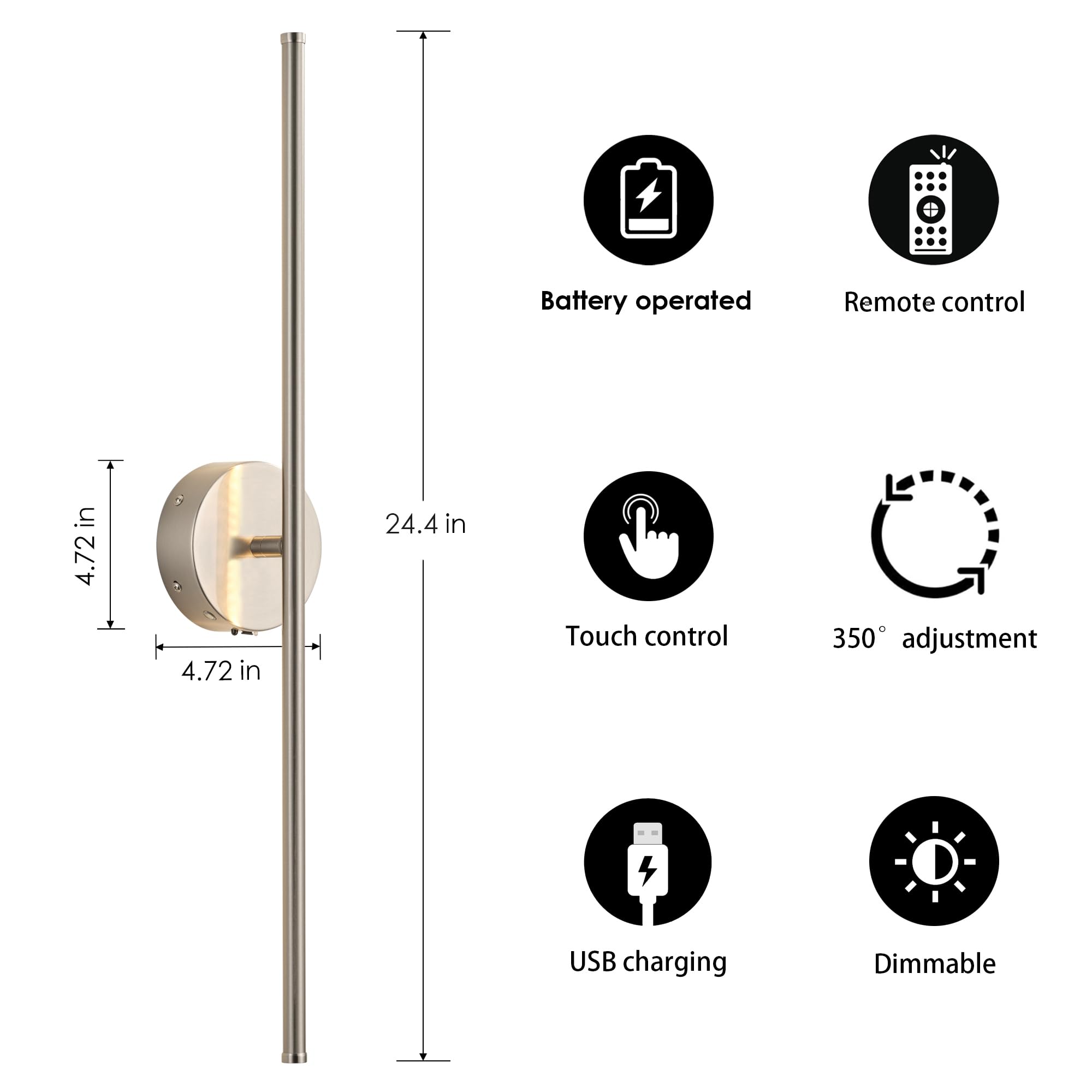 KARTOOSH Battery Operated Wall Sconces, Dimmable, 350° Rotate, 32.2 Inch, Nickel, Model ZM317BNC80, Set of Two