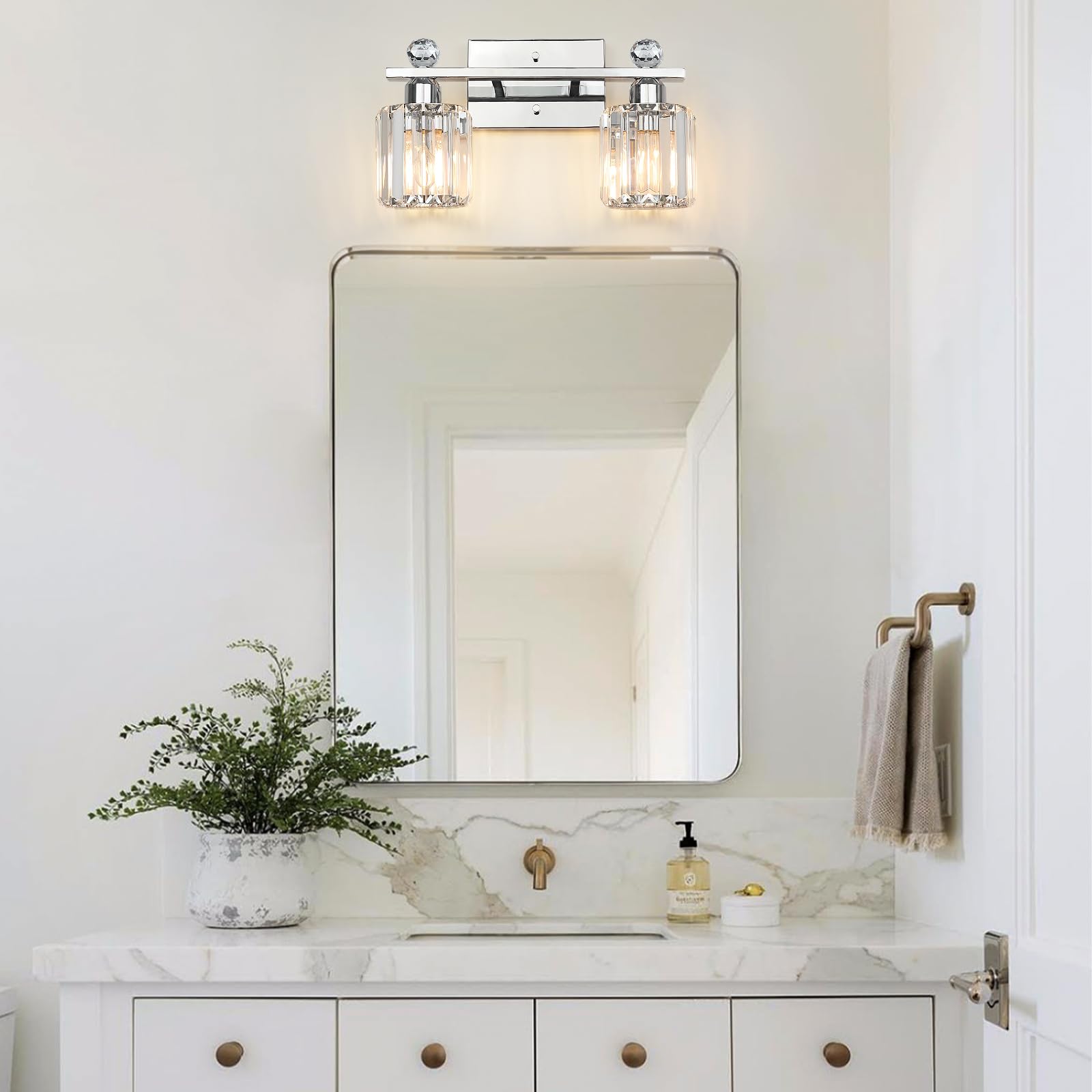Kunruitai 2-Light Silvery Bathroom Light Fixtures,Modern Bathroom Vanity Lights Fixture With Clear Crystal Glass Shade,Brushed S
