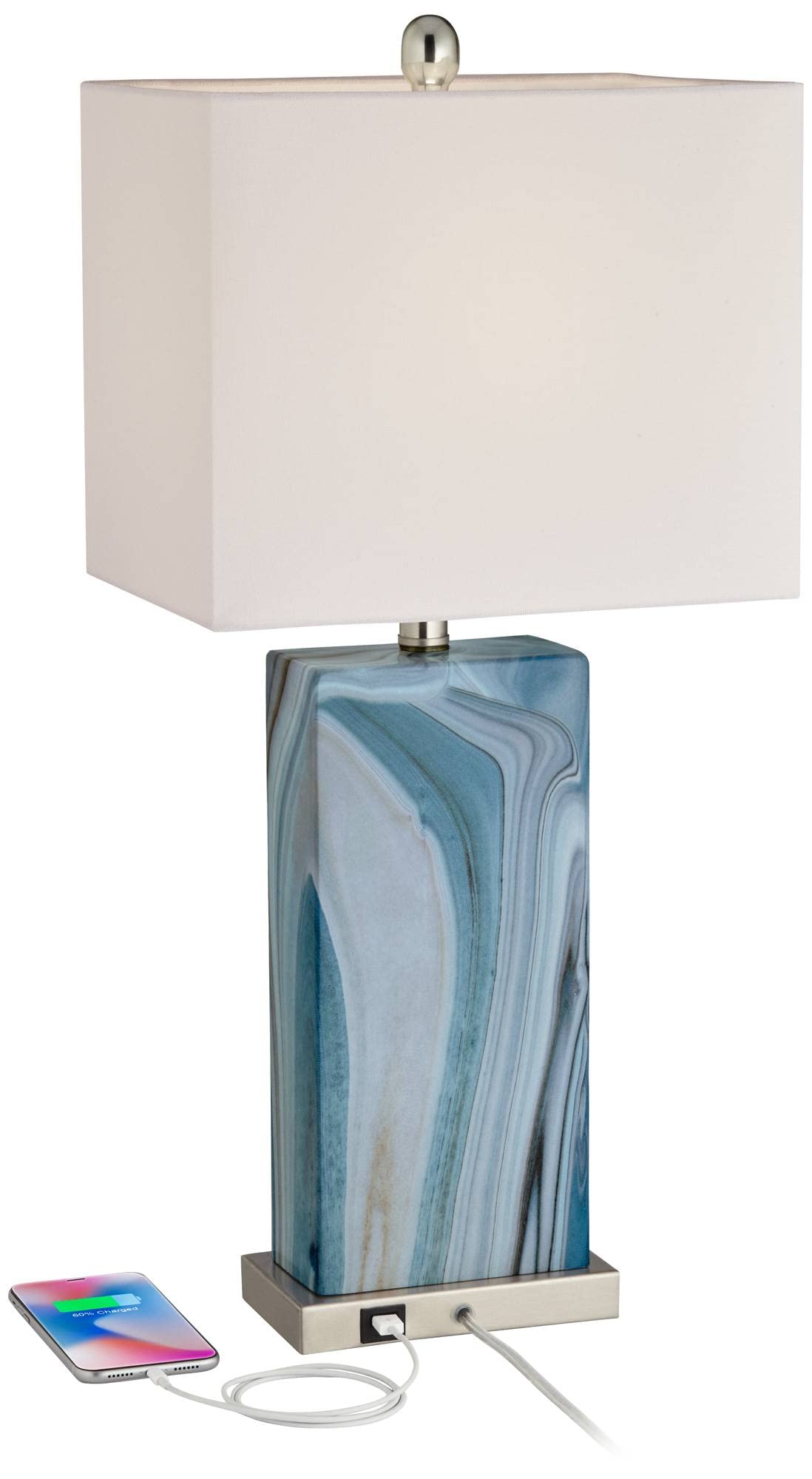 360 Lighting Connie Modern Table Lamps 25 Tall Set of 2 with USB Charging Ports Blue Faux Marble LED White Rectangular Shade for