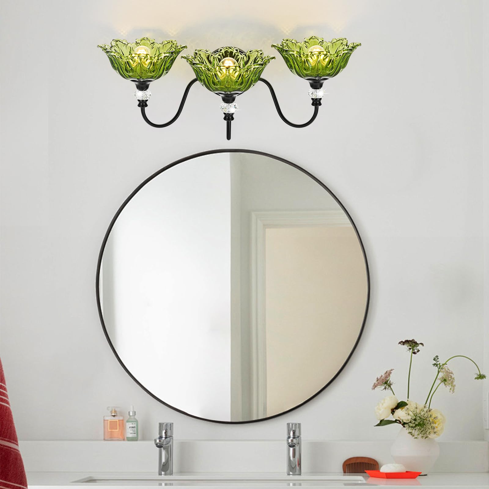 Sunkryster Black Bathroom Vanity Light 3-Light Vanity Light With Floral Green Glass Shades Vintage Farmhouse Wall Mount Lighting For Bathroom  Dressing Table