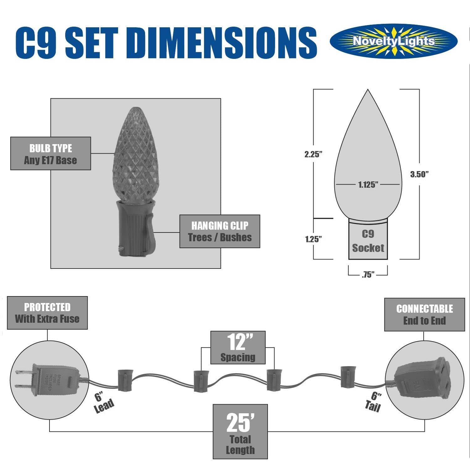 Novelty Lights C9 Multi Christmas String Light Set 25ft - Opaque Bulbs, Black Wire, Outdoor Use