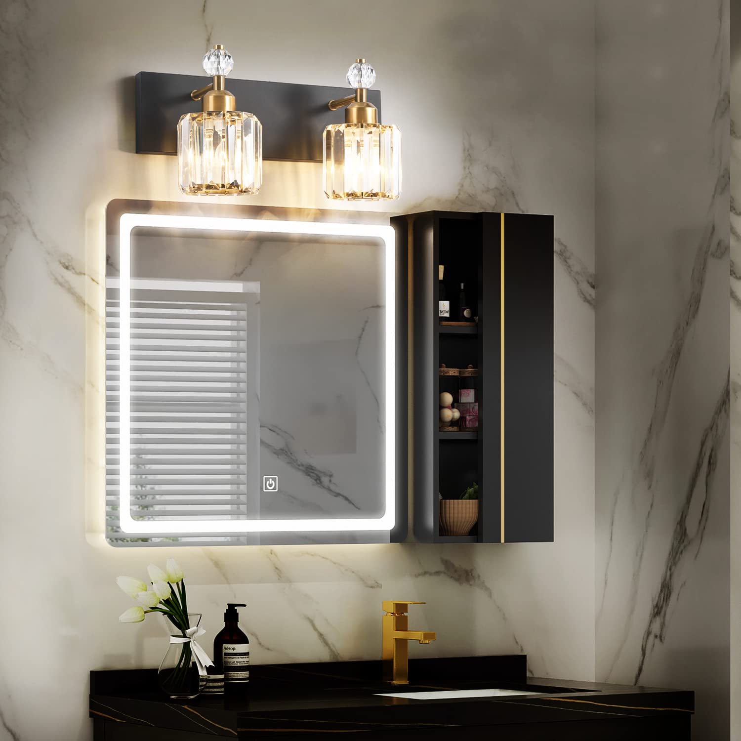 PRESDE Modern Crystal Black 2-Light Bathroom Vanity Lights, Matte Black Metal Fixtures for Wall Sconce Over Mirror