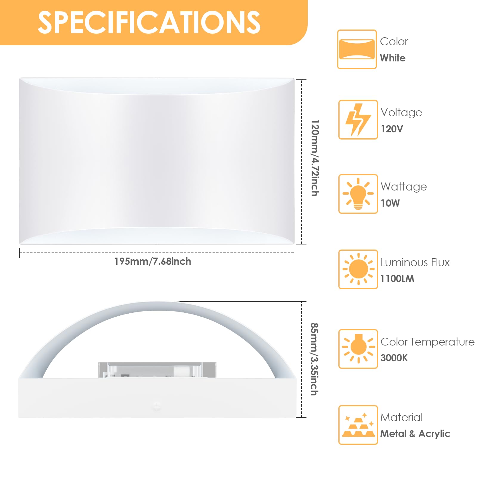 FOLKSMATE Modern LED Wall Sconces Set of 2, 3000K Warm White, Metal, 7.68inch, Hardwired, White, Model XYBY-LED