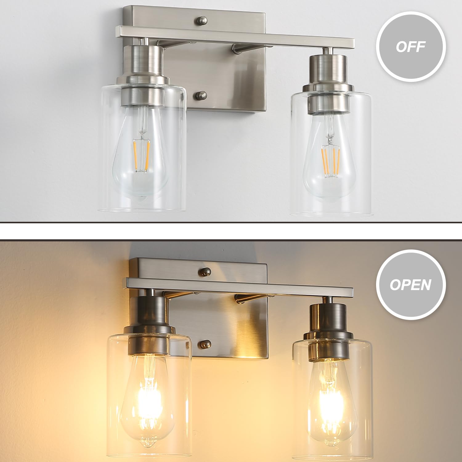 Jodauirt Farmhouse Wall Sconces 2-Lights Brushed Nickel Bathroom Vanity Light Fixtures,Classic Wall Sconces With Clear Glass Shades, Modern Wall Lighting ?For Mirror,Bedroom,Living Room