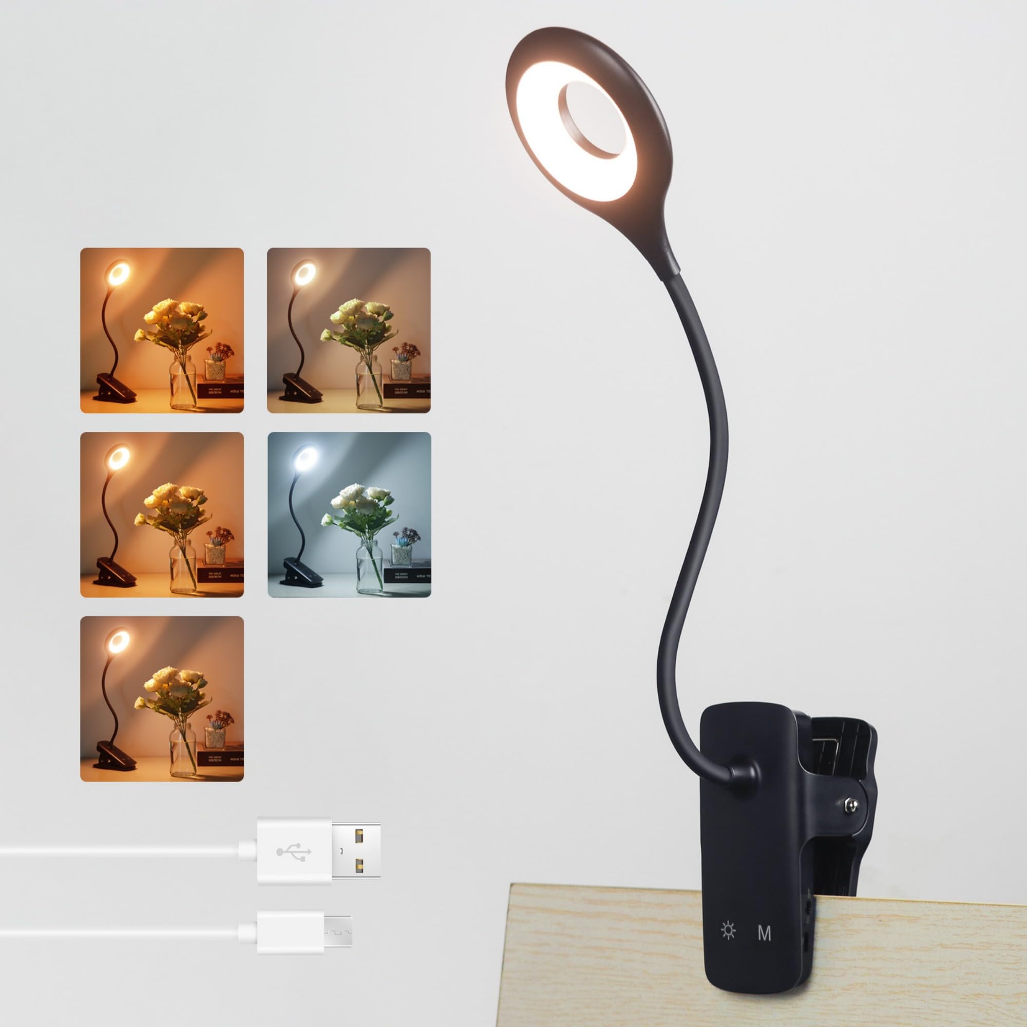 Akynite Desk Lamp LED Clip on Light, 5 Modes 5 Brightness Dimmable Clamp Light, Rechargeable Battery Flexible Clip on Reading La