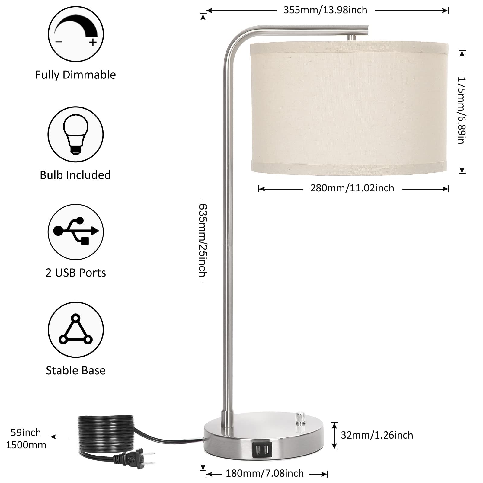 Table Lamp For Living Room, Modern Bedside Lamp With Dual Usb Ports, Fully Dimmable Nightstand Lamp With Beige Drum Shade, Silve