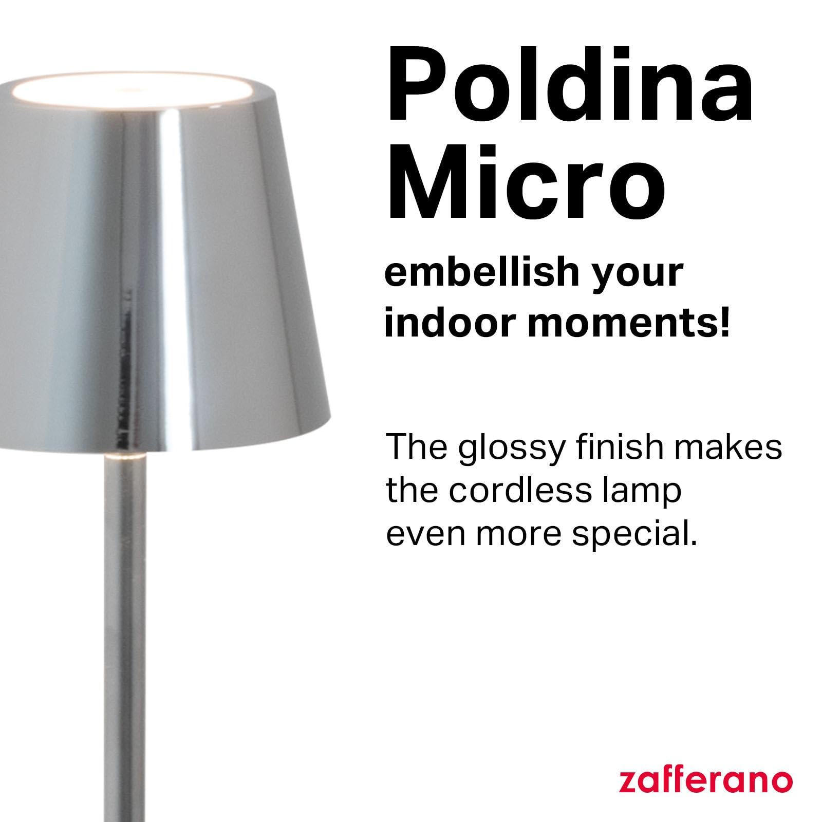 Zafferano, Poldina Micro Lamp With Glossy Chrome Finish, Rechargeable Cordless Table Lamp With Touch Controls, Usable As An Indo