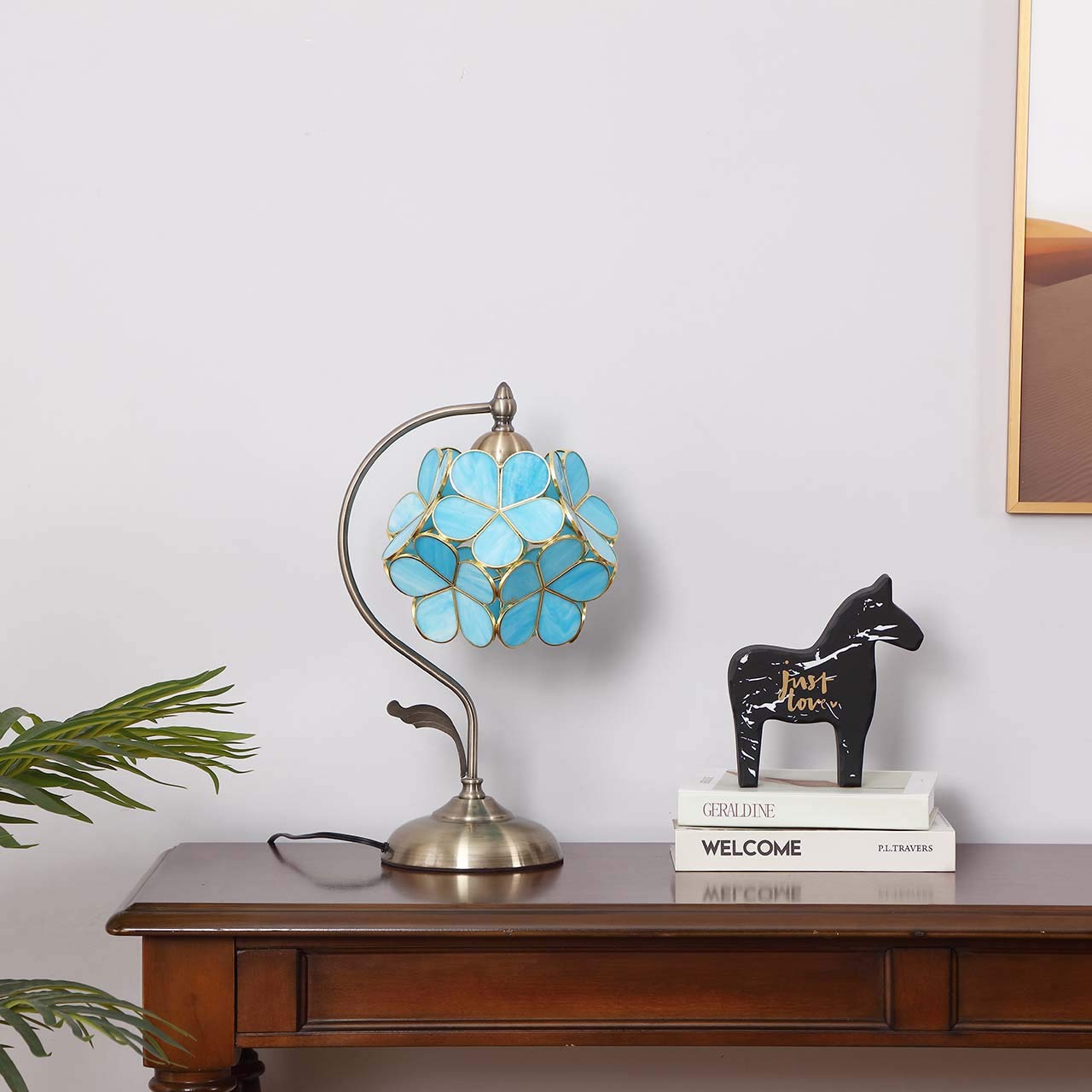 Bieye Tiffany Style Stained Glass Table Lamp - 8in Cherry Blossom, Sky Blue, Model PETALTABLE