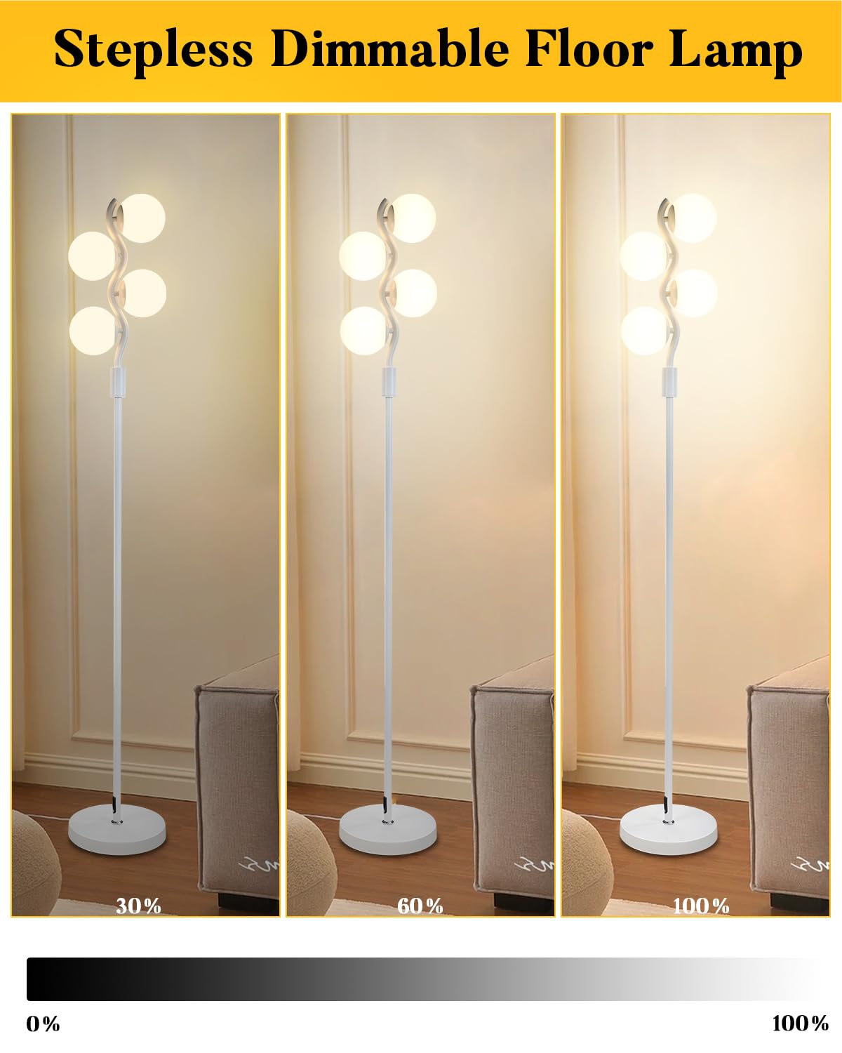 Lightdot 64In Dimmable (Brightness Adjustable) Globe Floor Lamp, White Pole Standing Lamps 3000K 4Pcs G9 Bulbs Soft Warm White E