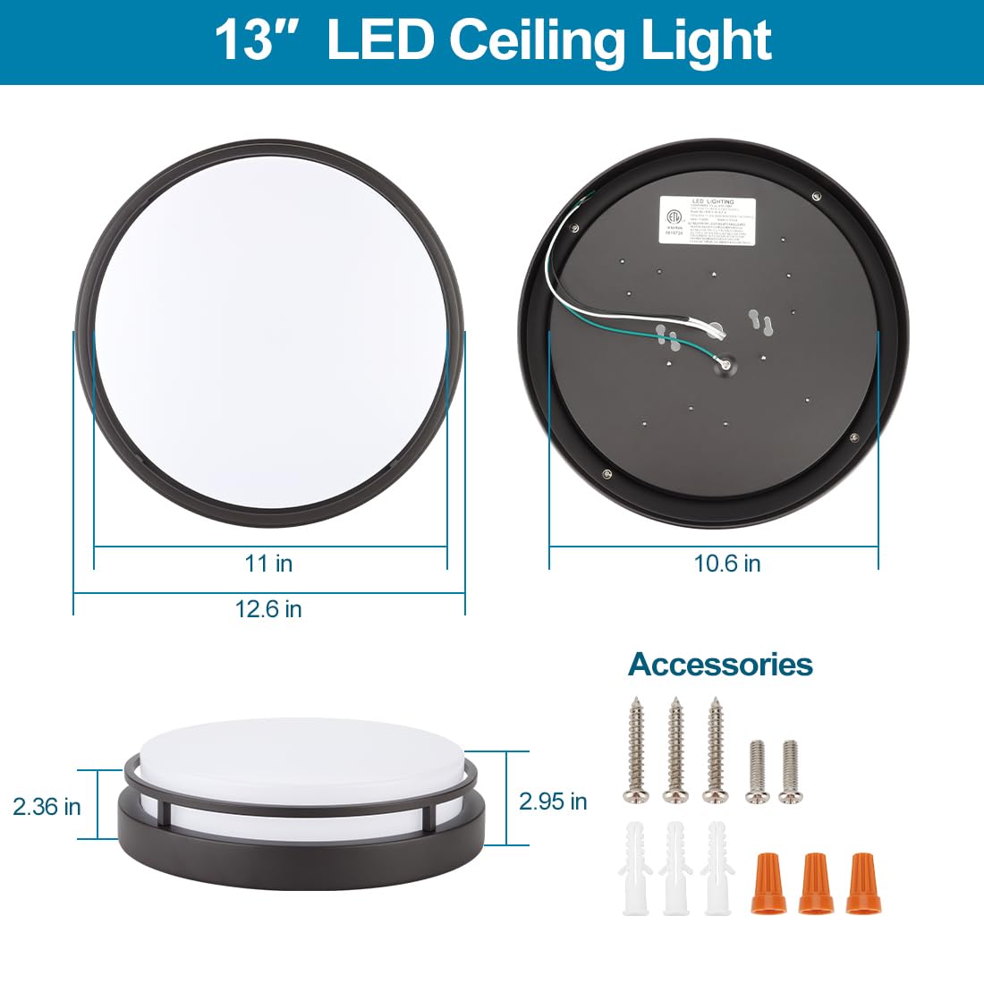 Xbuyee 2Pack Led Flush Mount Ceiling Light Fixture 13" 20W, 3000/4000/5000K Color Adjustable, Dimmable Ceiling Lamp For Kitchen, Hallway, Stairwell, Oil Rubbed Bronze, Etl