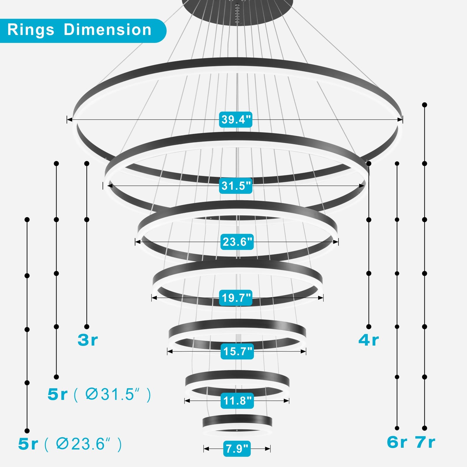 Led Chandelier,Modern Led Chandelier, 5 Rings Black Chandelier For Dining Room,Dimmable With Remote,Acrylic Adjustable Circle Chandelier Lighting Fixture Ceiling Hanging Modern Led Pendant Light