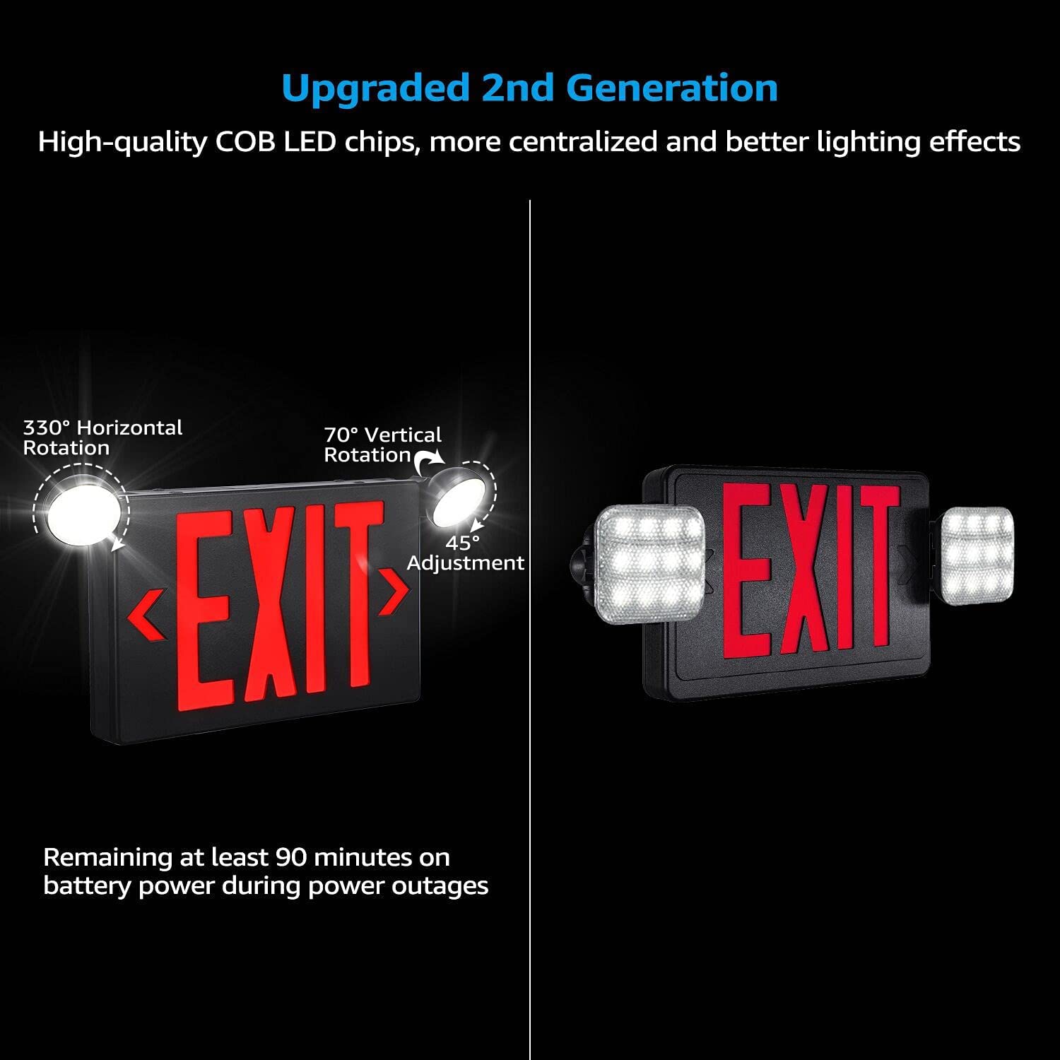 Torchstar Black Led Exit Sign With Emergency Lights, Ul 924, Emergency Exit Light With Battery Backup, Adjustable Heads, Fire Exit Sign With Lights, Double Face, Ac 120/277V, Damp Location, Pack Of 4