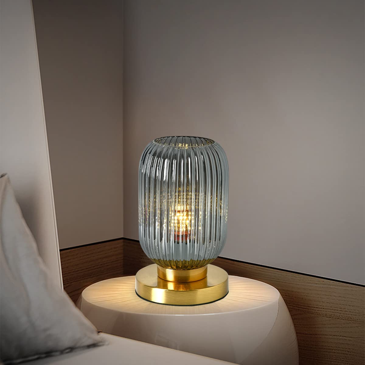 Auwieou Bedside Table Lamp Mid Century Glass Table Lamps Modern Globe Table Lamp Gold Desk Lamp Nightstand Lamp With Pumpkin Design With Ribbed Glass Shade For Bedroom Living Room Office (Smoke Gray)