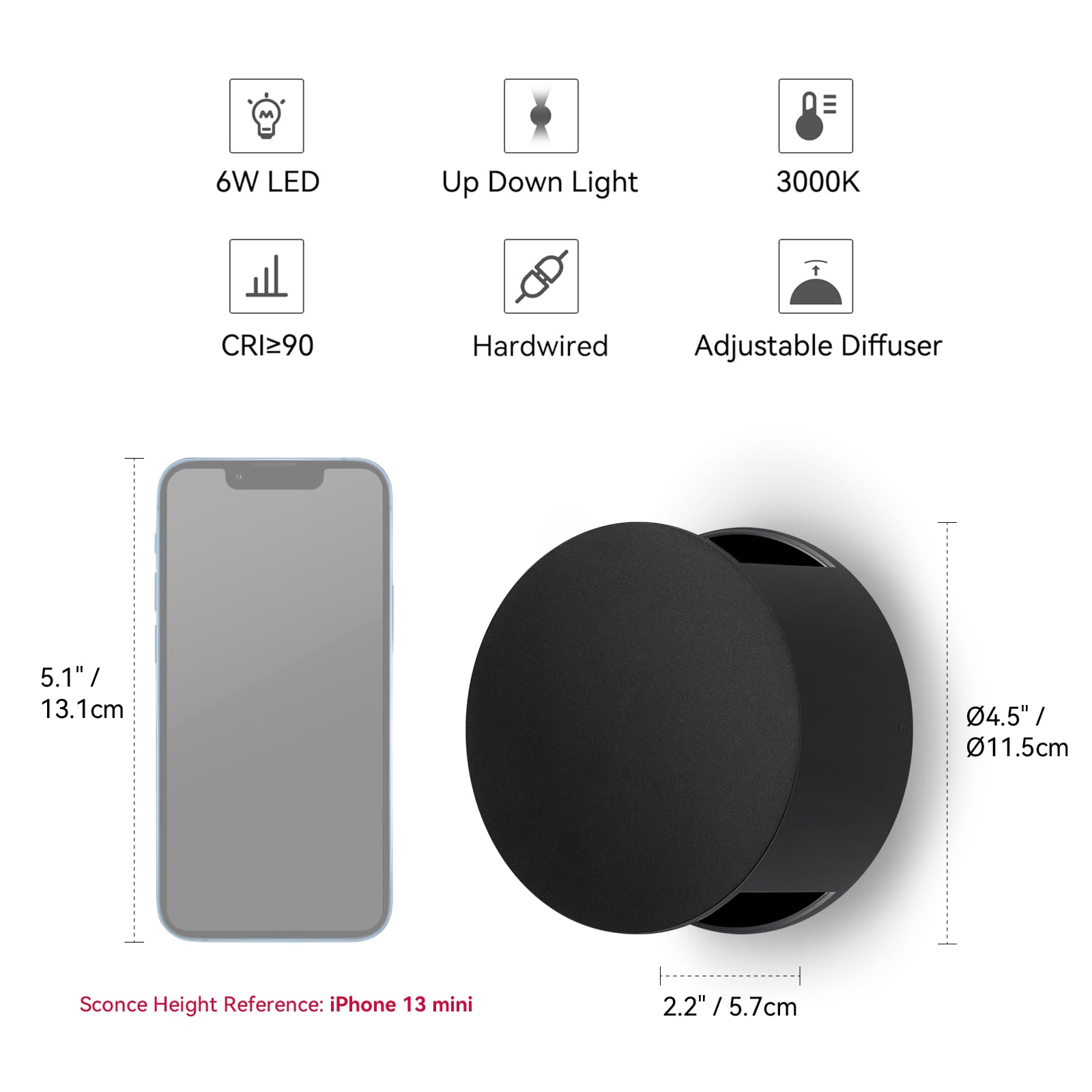 Tubicen Small Black Wall Sconce, Diy Beam Adjustable Round Wall Light Up And Down, 6W Led Dimmable Movie Theater Sconce For Livi