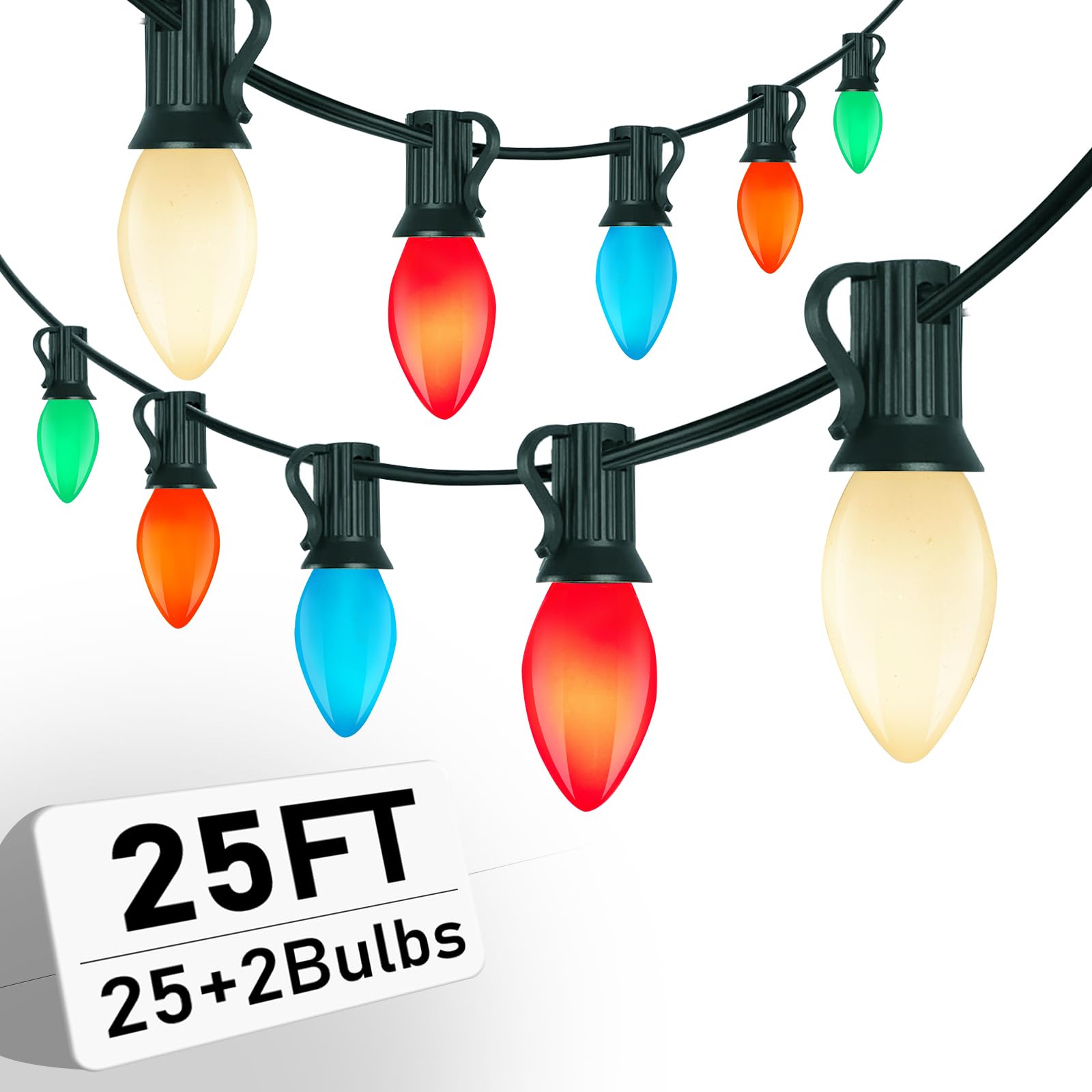 C7 Vintage Christmas Lights, 25Ft Ceramic Multicolor Christmas String Lights with 27 5W Glass Bulbs, Waterproof Connectable Chri