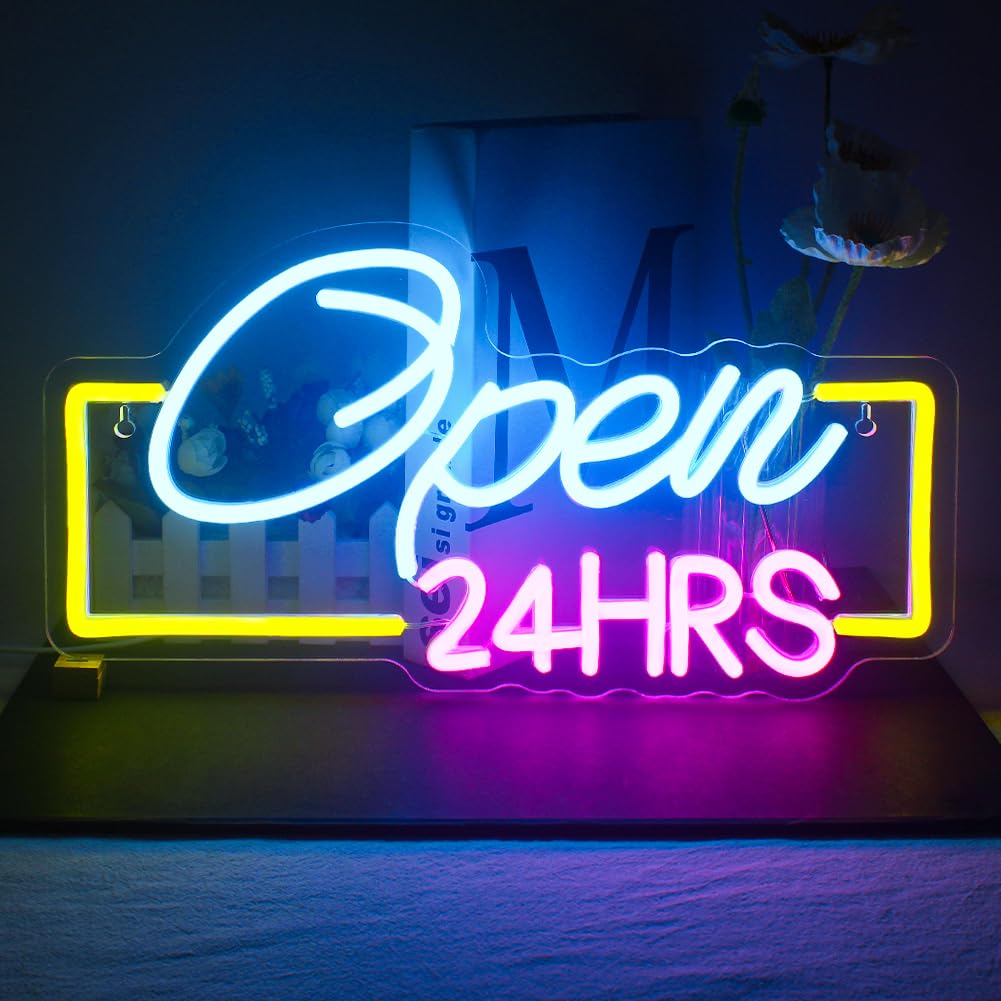 JURONGYILU Neon Sign - Dimmable LED Light for Wall Decor, USB Powered, Colorful-Open 24HRS, Ideal for Business, Bedroom, Bar, Salon