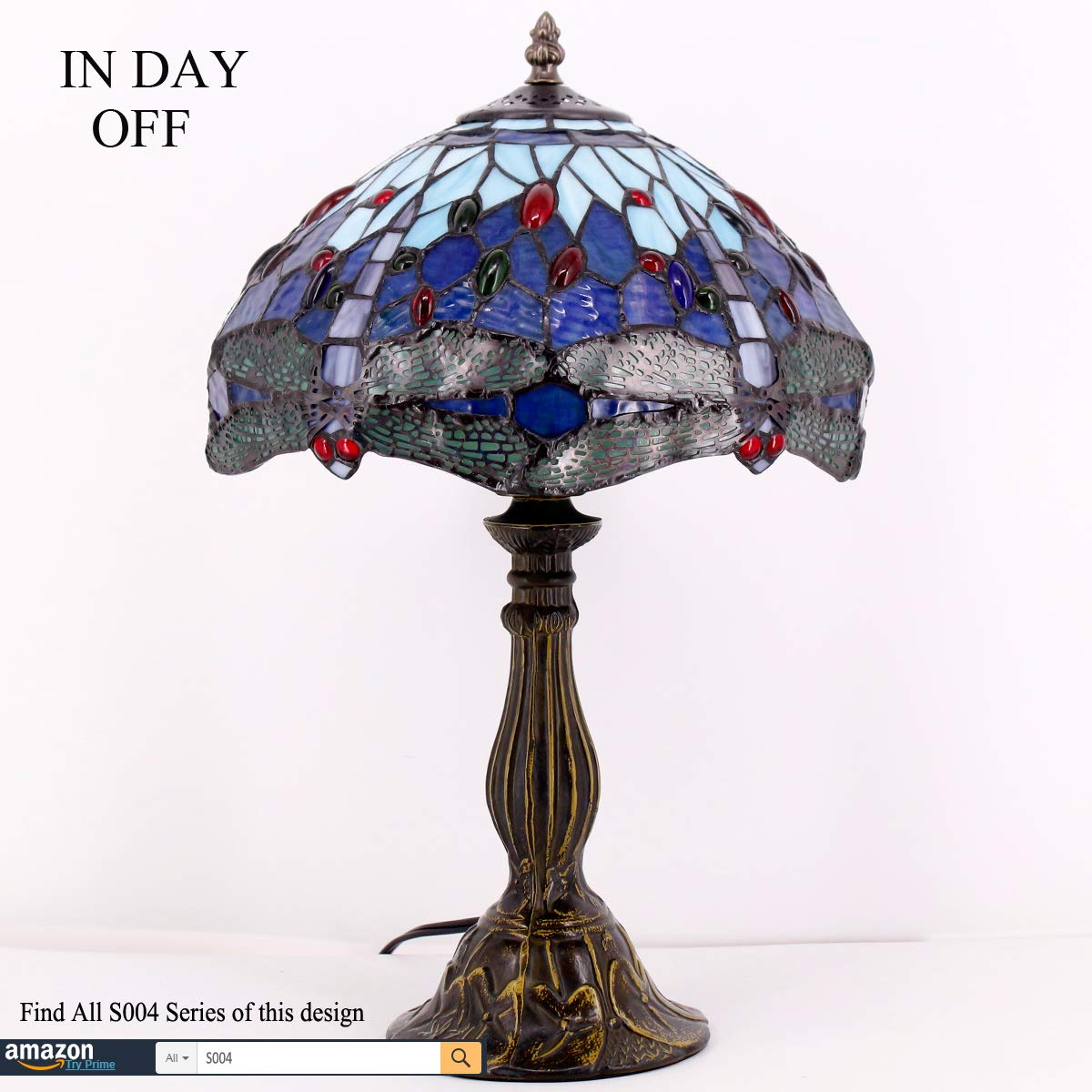 WERFACTORY Tiffany Table Lamp, Blue Stained Glass, 12X12X18 Inches, Dragonfly Style for Bedroom, Living Room, Home Office
