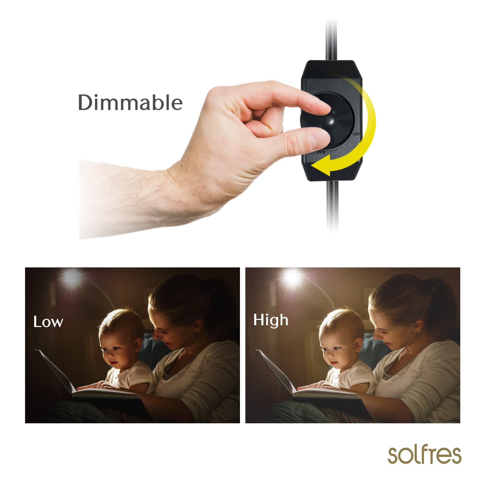 Solfres Headboard Reading Light - Dimmable LED Lamp, Movable & Flexible, Black, Model Light001, No Drilling Design for Bedtime Reading