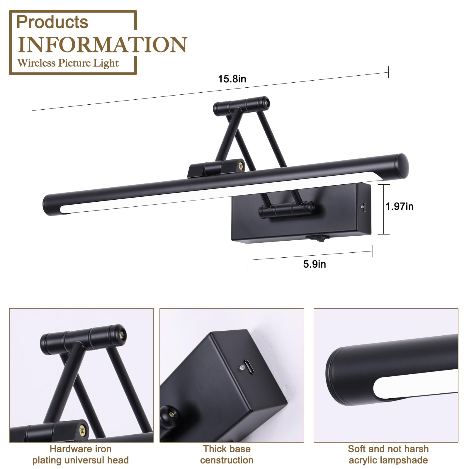 Battery Operated Picture Light With Remote 16  Black Art Light For discomfort-reducingting Dimmable & Timer Wireless Gallery Lights 3Cct Frame Lighting Rechargeable Wall Lights For Artwork Potrait Dartboard