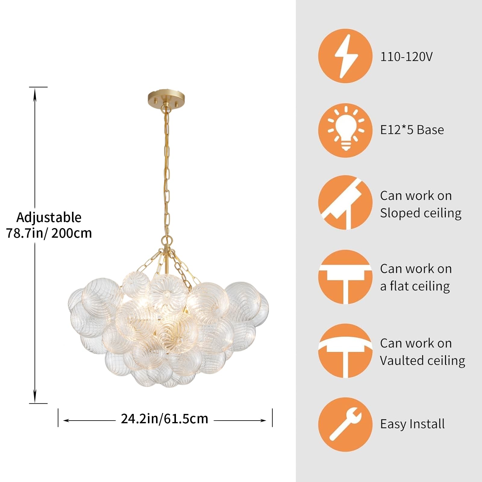 SM Saint Mossi 5-Light Bubble Ball Glass Chandelier, Clear with Gold Canopy, Nordic Modern Design, Model SM-DY-24016