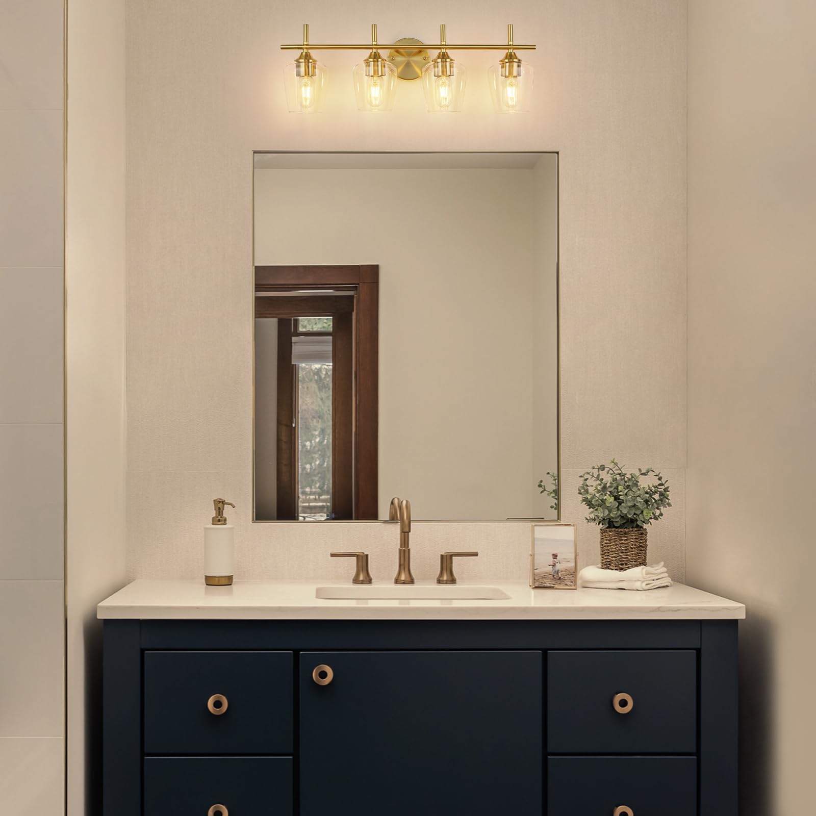 foucasal Bathroom Light Fixtures, 4-Light Gold Vanity Light with Clear Glass Shade, Modern Brushed Brass Design