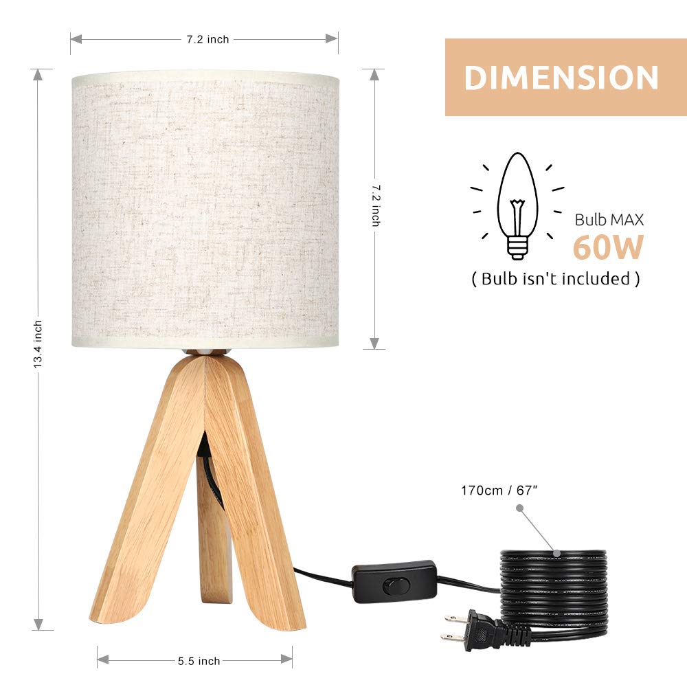 Haitral Small Wooden Tripod Bedside Table Lamp With Linen Shade - 13.4 Inches, Bedroom/Office