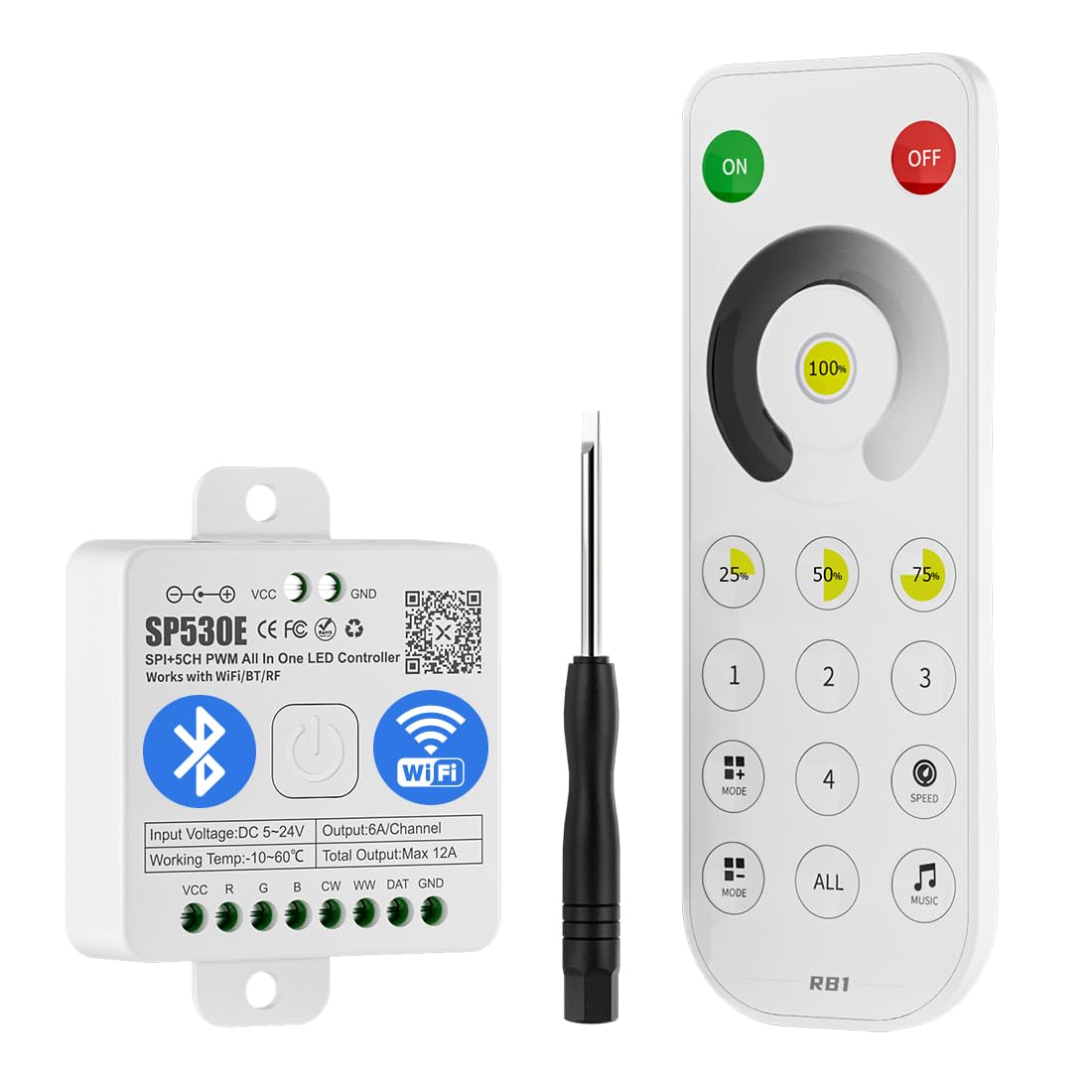 BTF-LIGHTING SP530E WiFi Alexa Bluetooth Controller 4 Zones 2.4GHz Dimming RF RB1 Remote Kit Support FCOB COB SMD PWM or SPI Sin