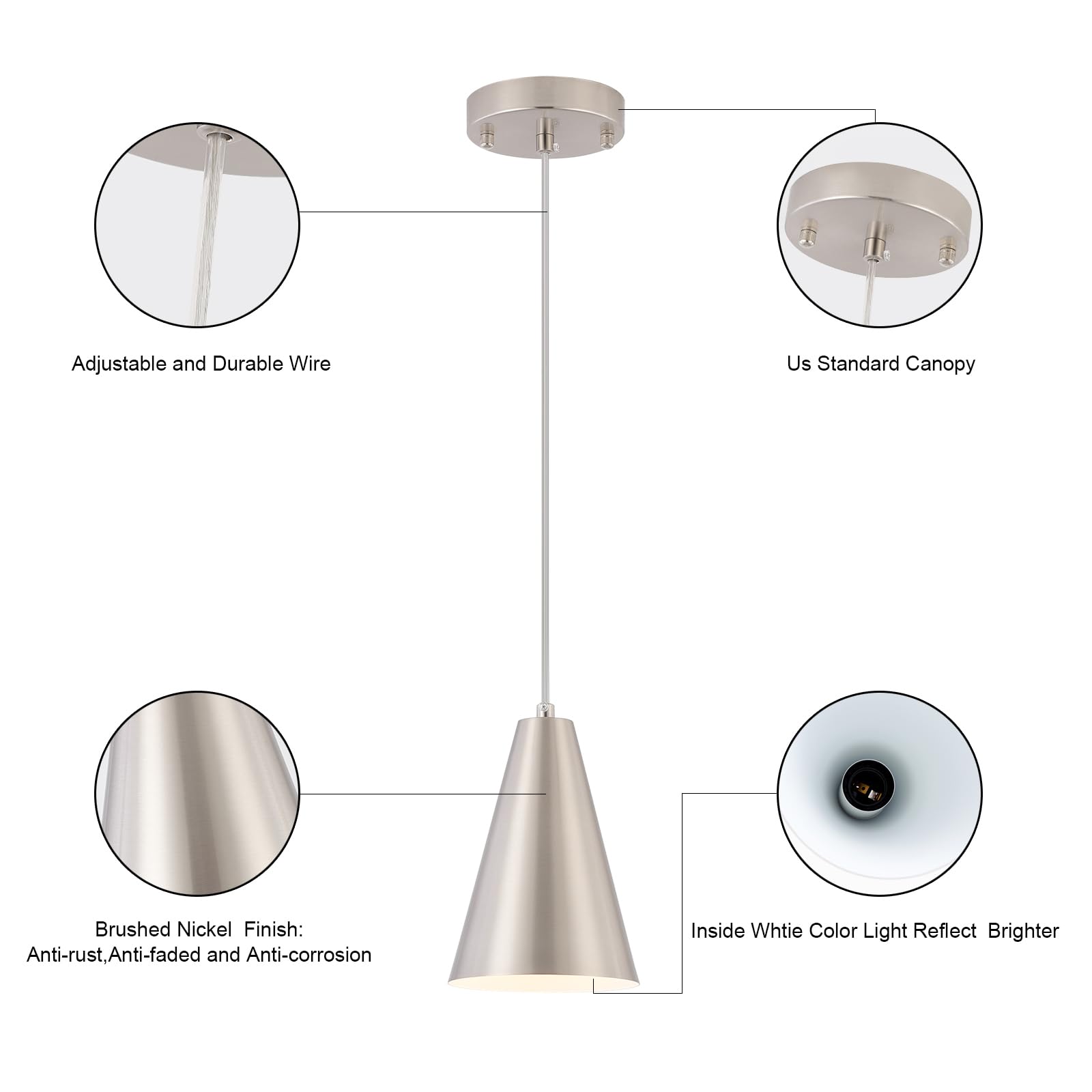Dijiahua Brushed Nickel Pendant Lights 3 Pack, Metal Shade, Adjustable Cord, Modern Farmhouse Chandelier, Model P-JDH062
