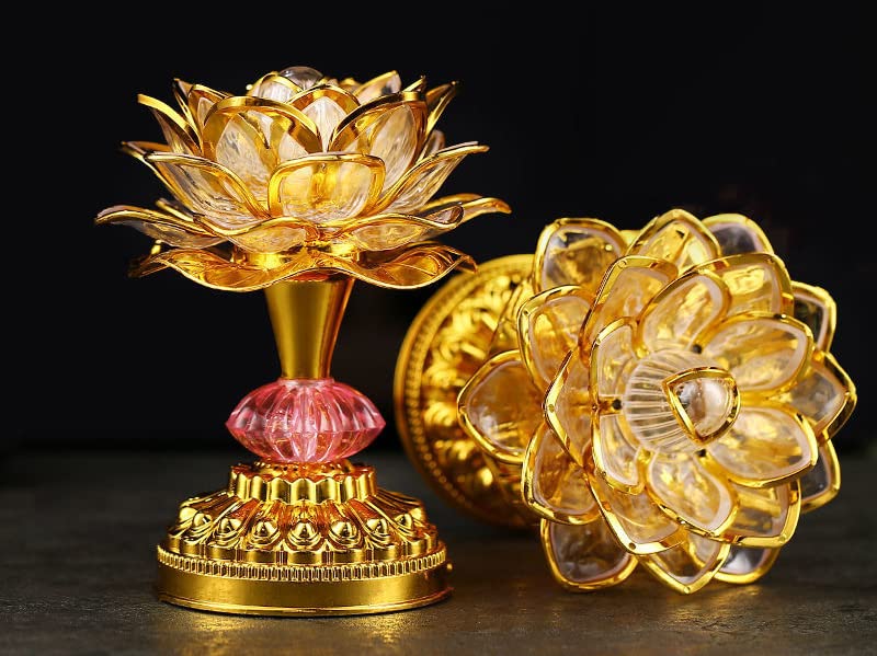 Omeet Colorful LED Lotus Lamp - 13 Buddhist Songs, Golden ABS, Eco-Friendly, Model OMNL078F, Perfect for Worship and Display