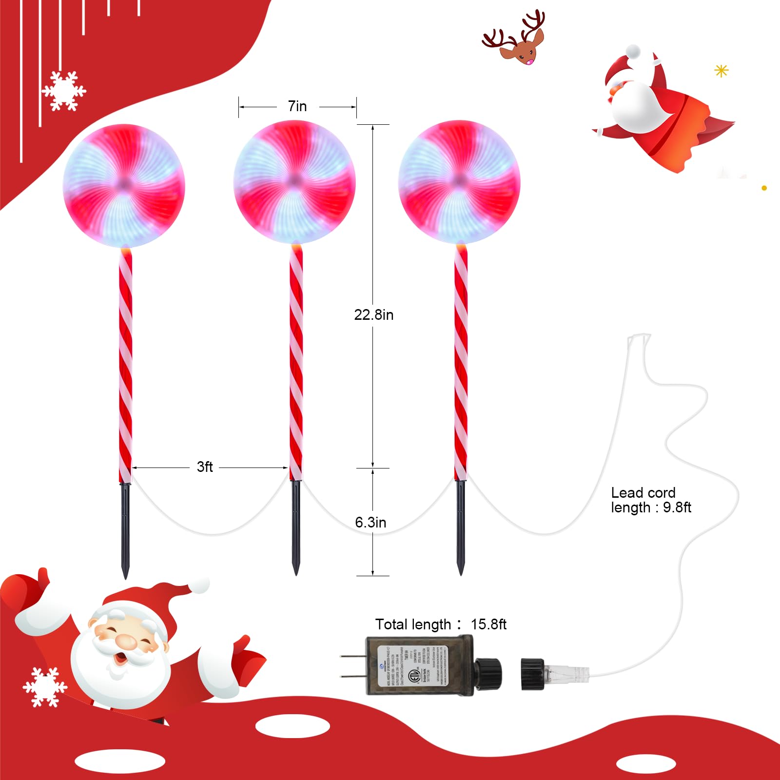 Rotatable Lollipop Christmas Pathway Lights Outdoor - 3 Pack 29 Inches 324 Led Lighted Candy Cane Decorations, Waterproof Christ