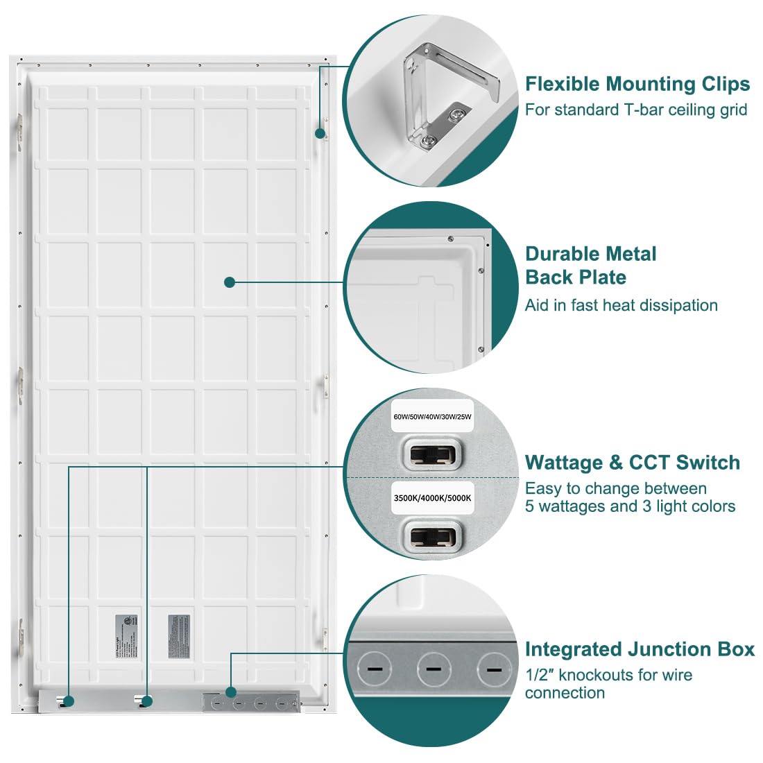 Kadision 2X4 Led Flat Panel Light, 60W/50W/40W/30W/25W Adjustable, 5000K/4000K/3500K Selectable, 6600Lm Dimmable Led Drop Ceilin