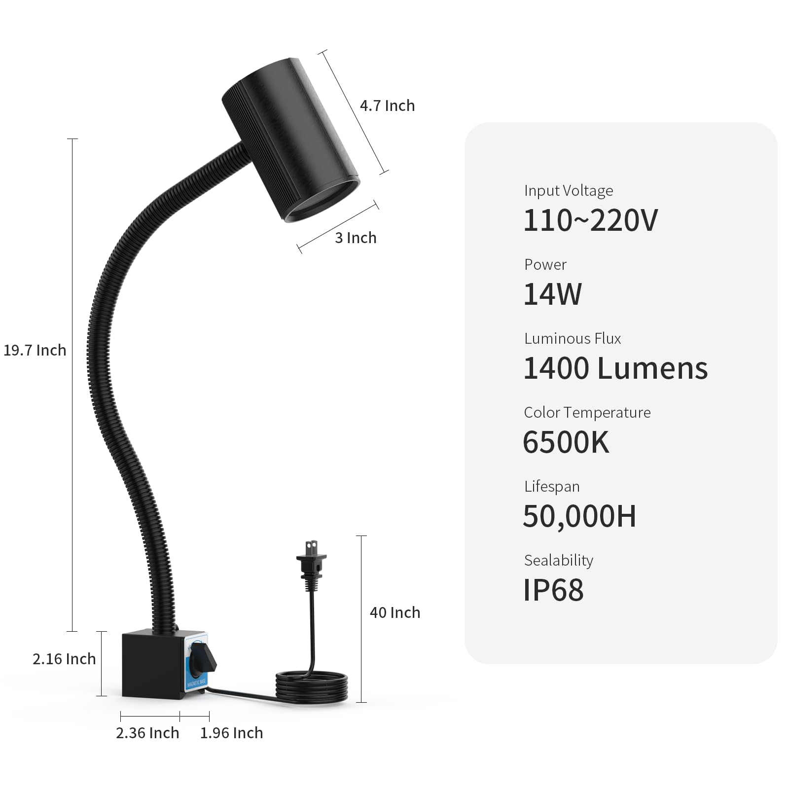 Magnetic Work Light, 14W Machine Light, 1400 Lumens Flexible Lathe Light For Cnc Milling Machine Drill Press